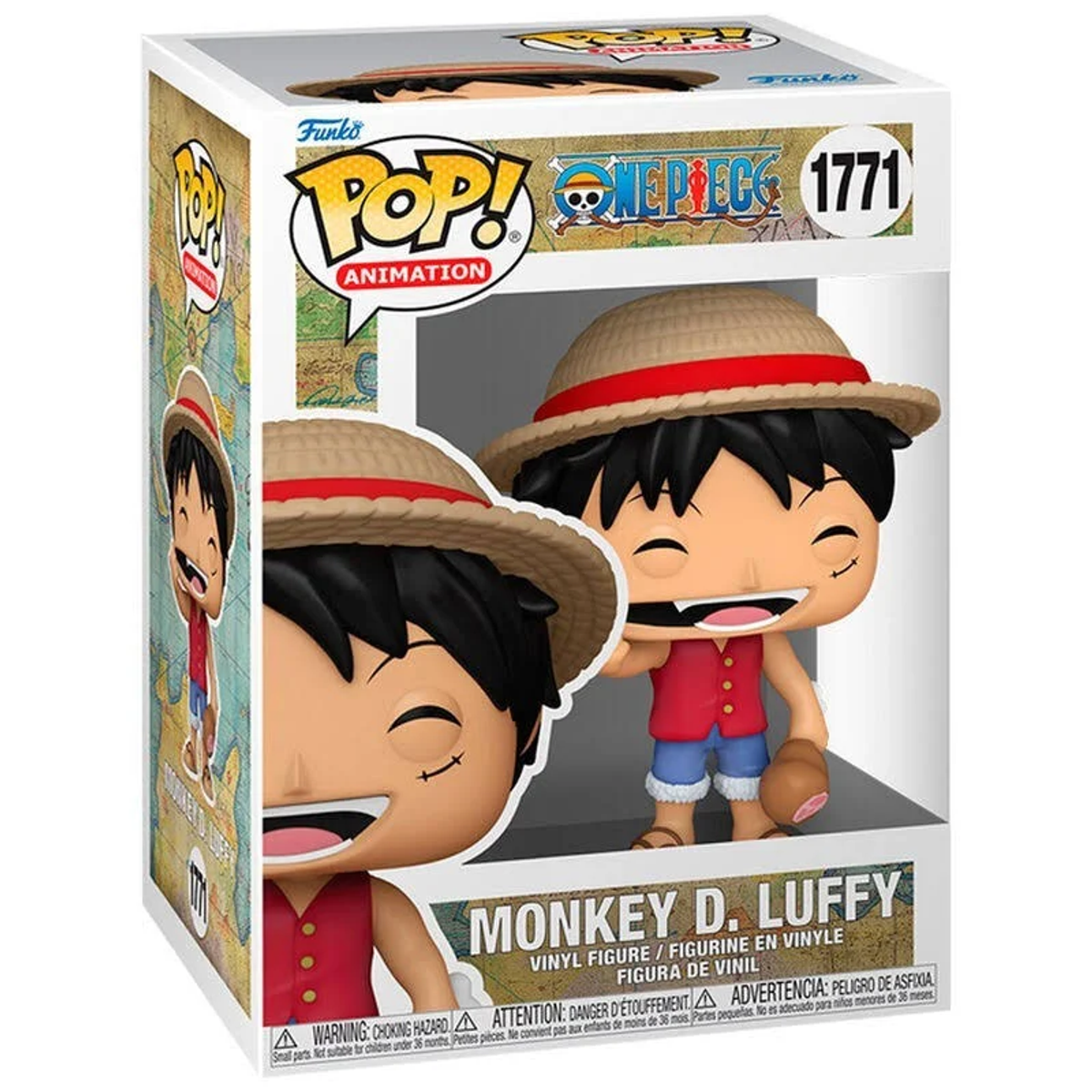 Pudełko Funko Pop z Monkey D. Luffy z One Piece. Pudełko przedstawia postać i design.