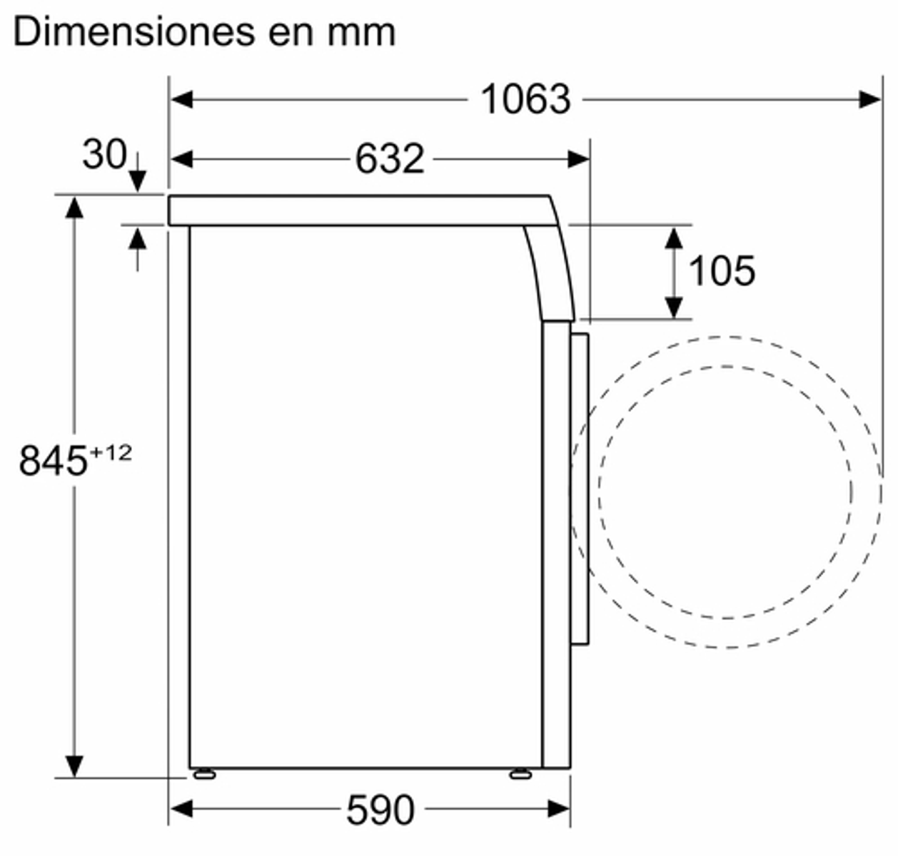 Rysunek techniczny pralki z wymiarami. Białe tło.