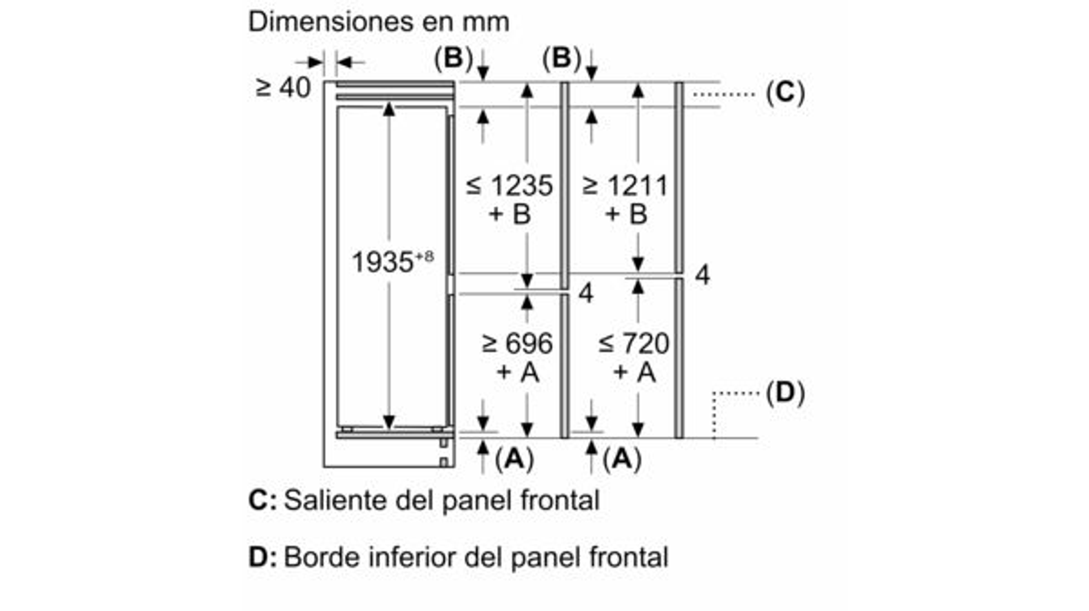 Diagram met afmetingen van een inbouwkoelkast.