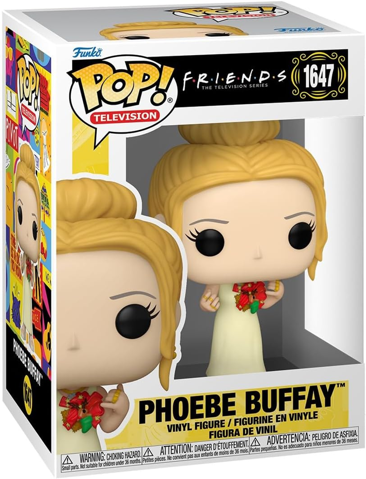 Una figura Funko Pop de Phoebe Buffay de Friends. La figura está en una caja con un fondo colorido.