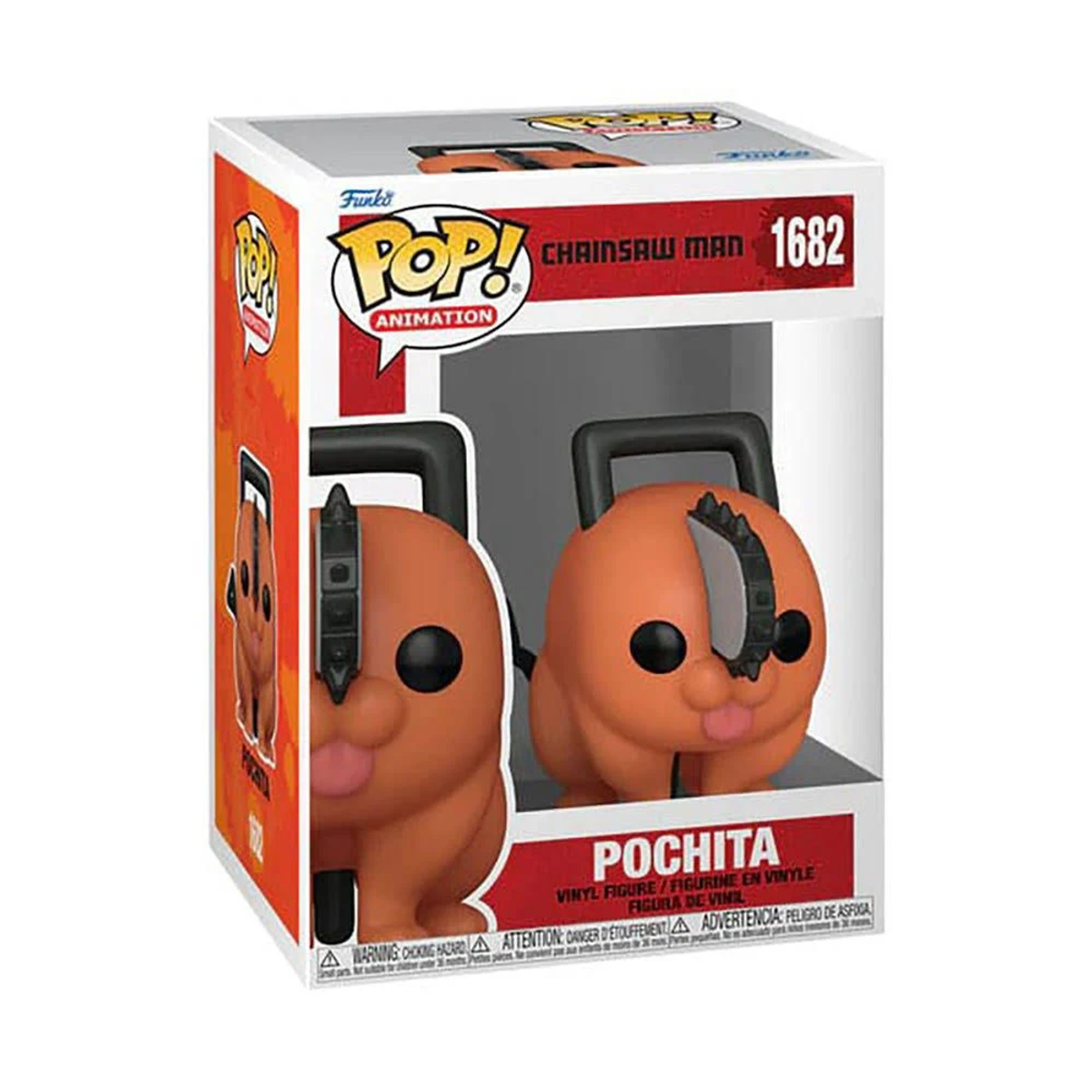 Funko Pop! Chainsaw Man Figur in Box. Pochita-Charakter mit herausgestreckter Zunge.