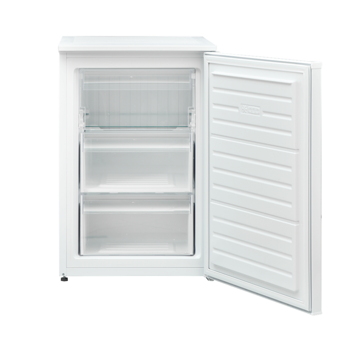 Frigorifero bianco con la porta aperta. L'interno mostra ripiani e cassetti.