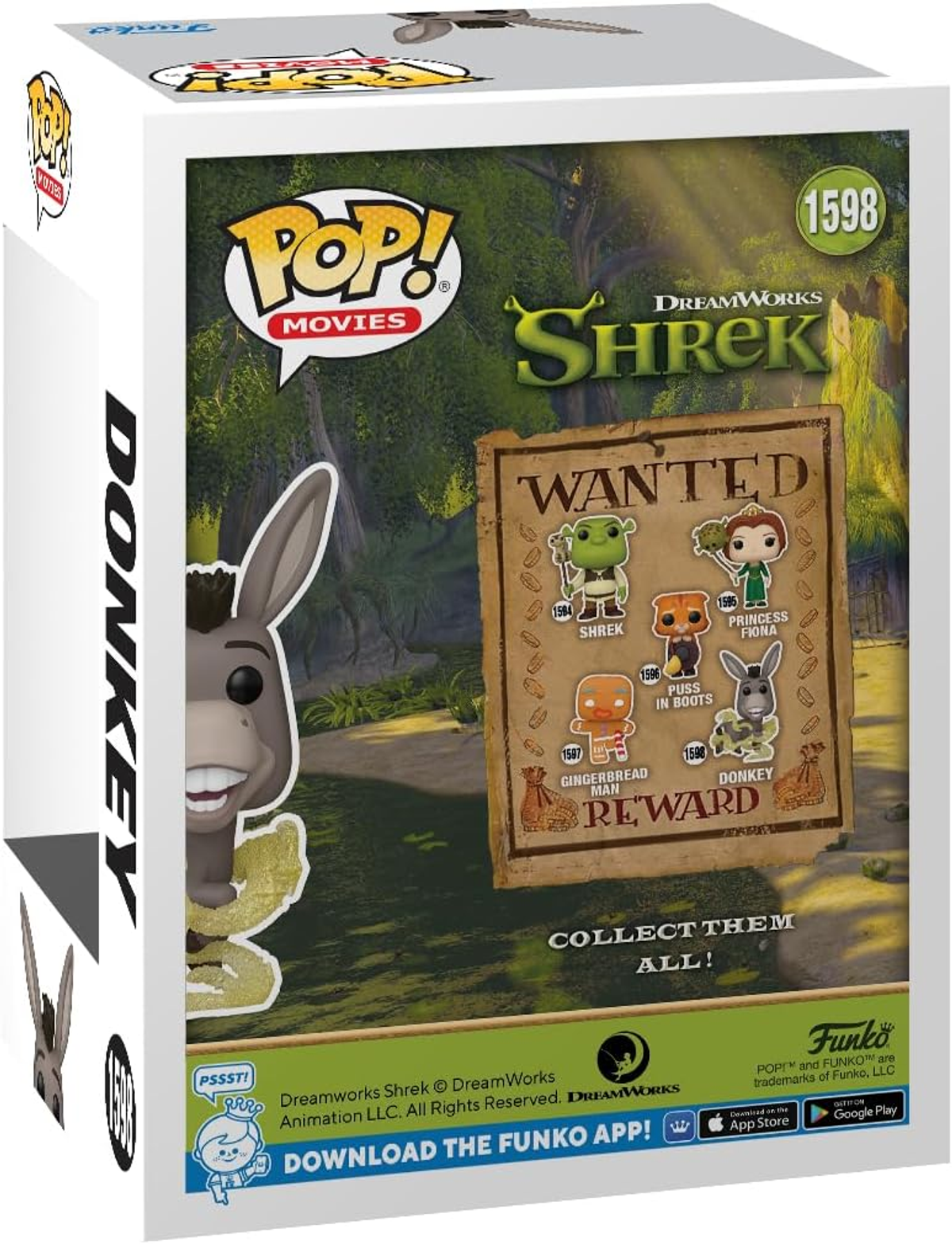 Scatola della figura Pop! Movies Shrek Donkey. Figura di Donkey sul lato.