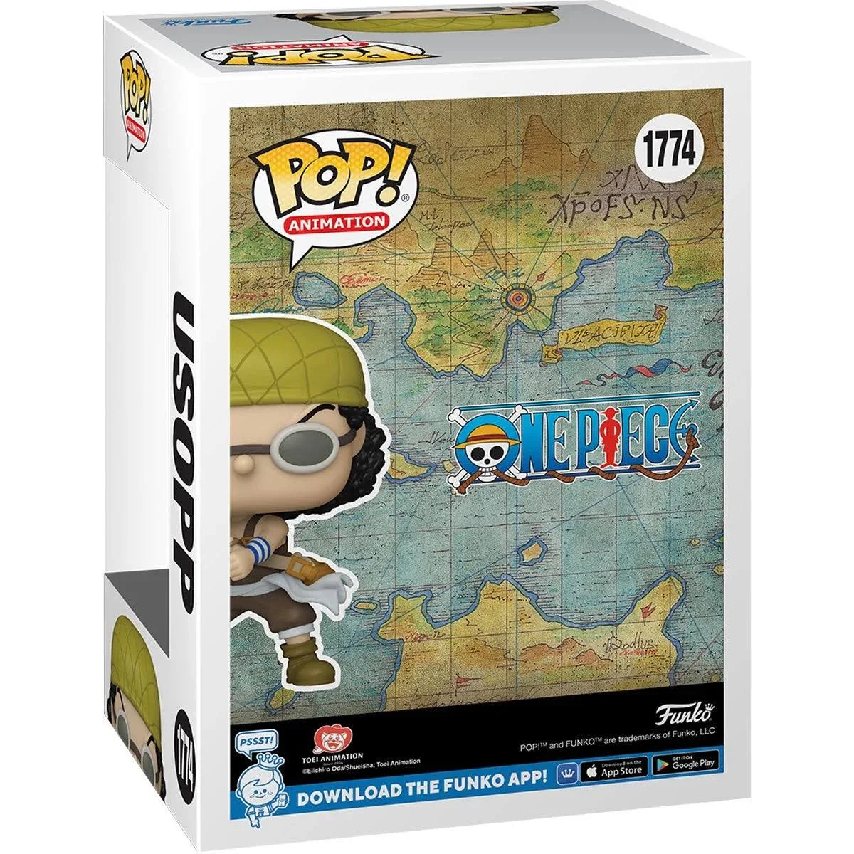 Una figura Funko Pop! di Usopp di One Piece, in una scatola con una mappa e dettagli del personaggio.