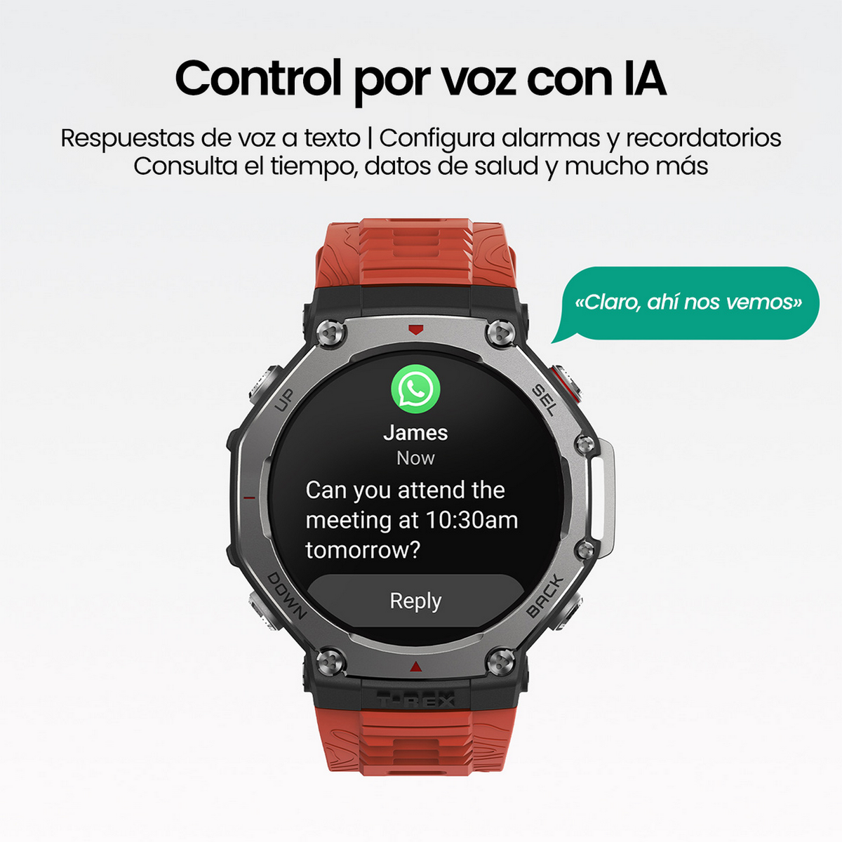 Smartwatch wyświetla dymek wiadomości. Tekst: Czy możesz wziąć udział w spotkaniu jutro o 10:30?