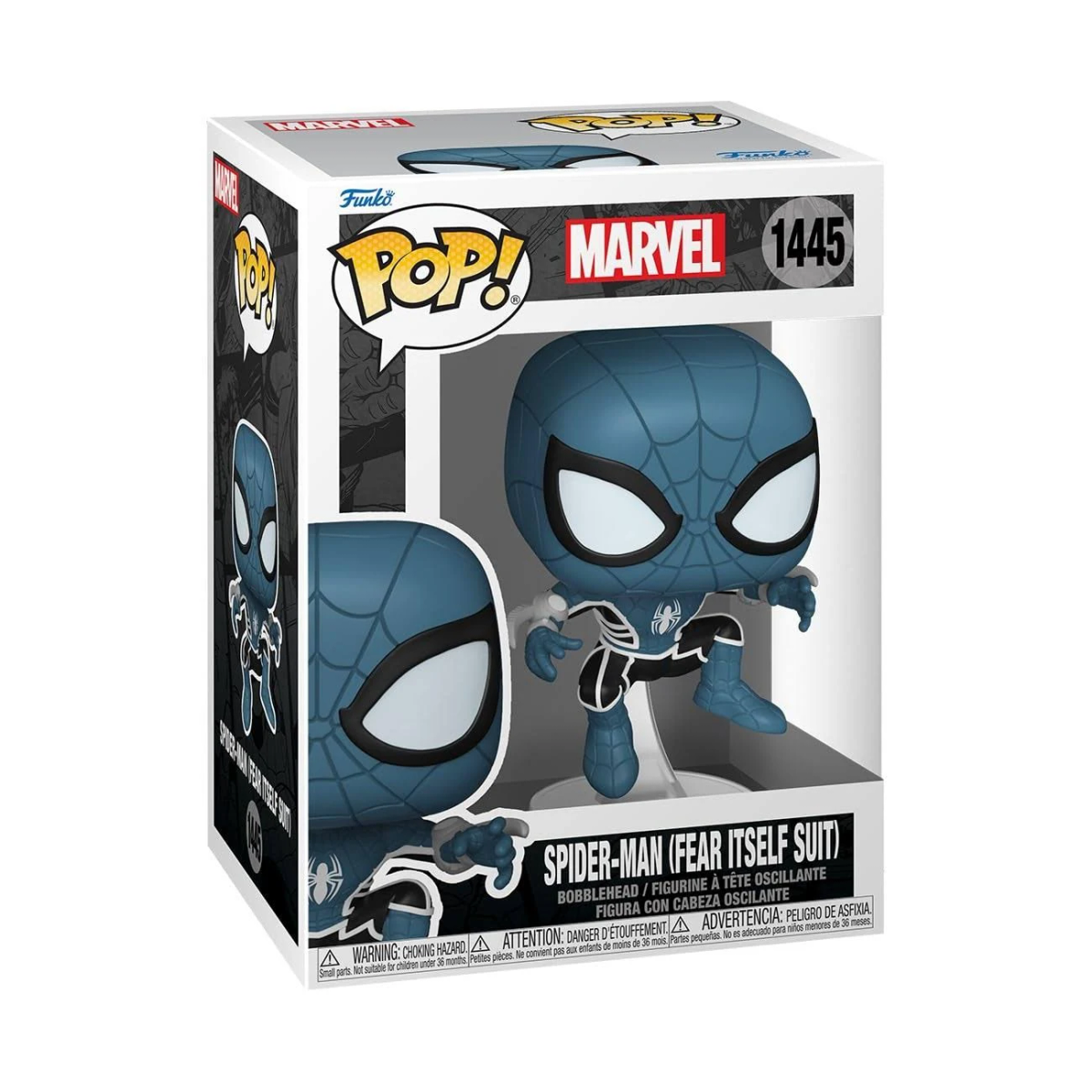 Una figura Funko Pop de Spider-Man (Fear Itself Suit) en una caja, con un diseño azul y blanco.