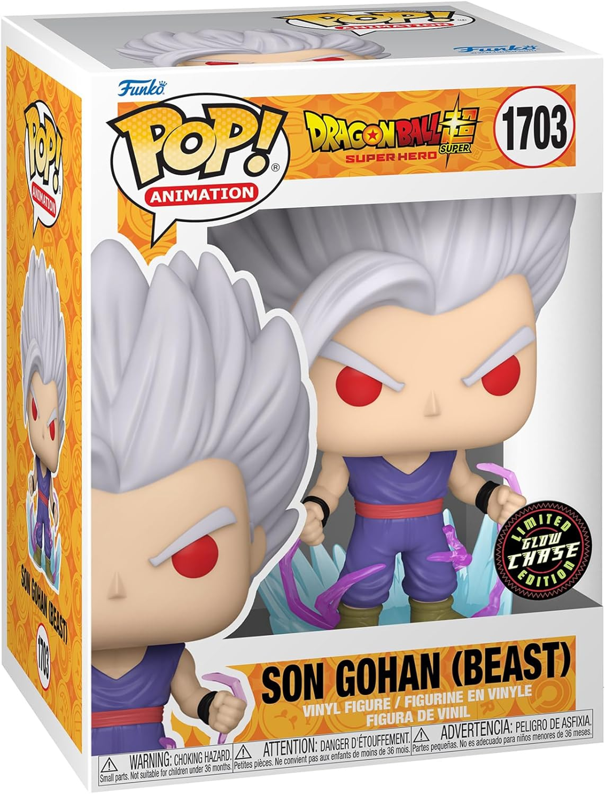 Una scatola di figurine in vinile Funko Pop con Son Gohan (Beast) di Dragon Ball Super, con adesivo glow-in-the-dark.