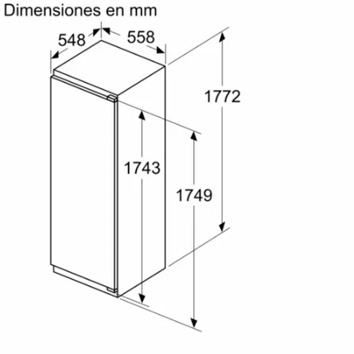 Diagrama isométrico de un refrigerador. Dimensiones y medidas etiquetadas. Fondo blanco.