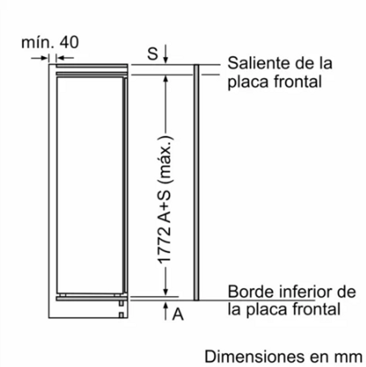Diagrama de un refrigerador. Dimensiones en mm indicadas. Fondo blanco, líneas negras.