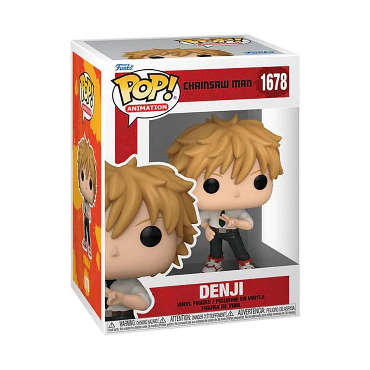 Eine Funko Pop!-Figur von Denji aus Chainsaw Man in einer Box, mit zwei Denji-Figuren darin.