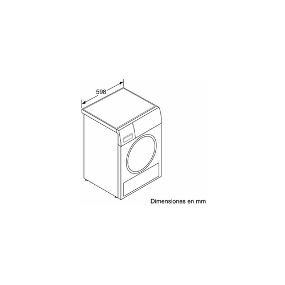 Un dibujo lineal de una lavadora. Muestra dimensiones en mm y una etiqueta.