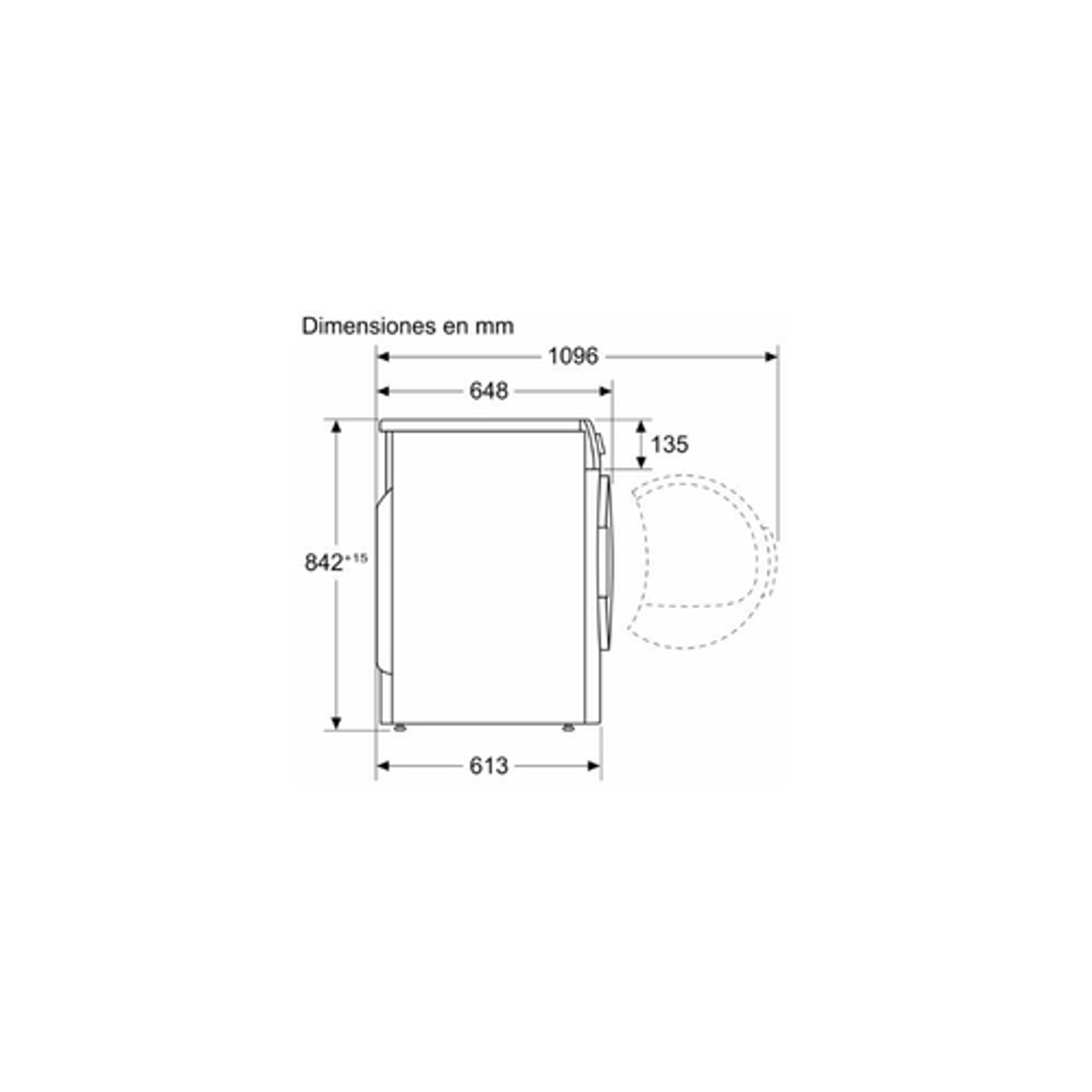 Dibujo técnico con dimensiones en mm. Muestra un electrodoméstico con medidas y anotaciones.