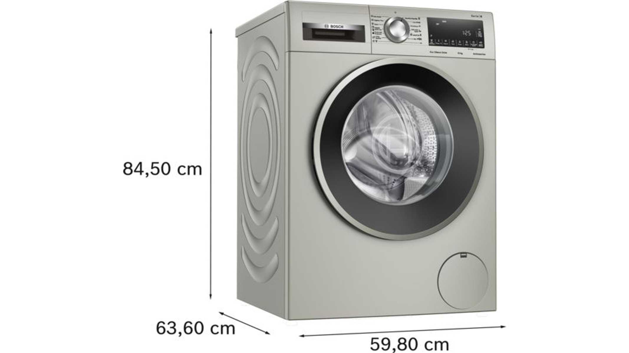 Srebrna pralka o wymiarach: 84,50 cm wysokości, 59,80 cm szerokości i 63,60 cm głębokości.
