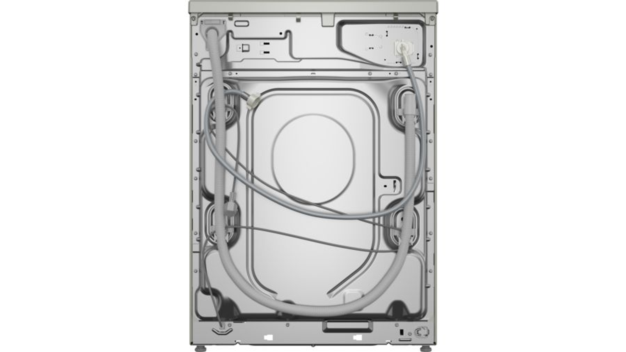 Tył pralki z wężami i połączeniami, na białym tle.