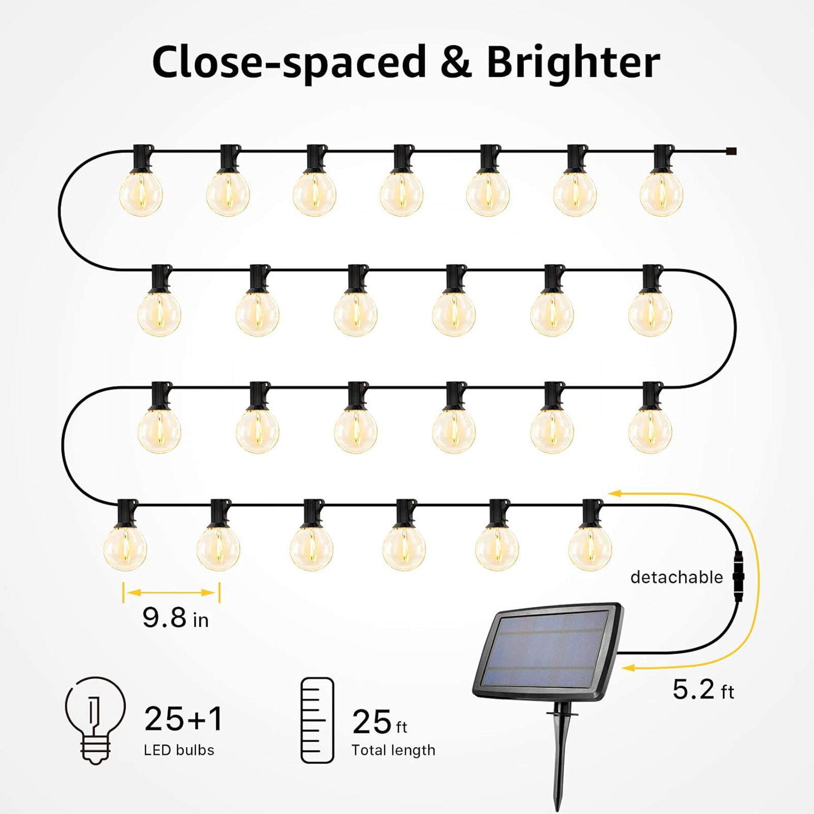 Lichterkette mit 25+1 LED-Lampen, Solarpanel und 25 Fuß Gesamtlänge.
