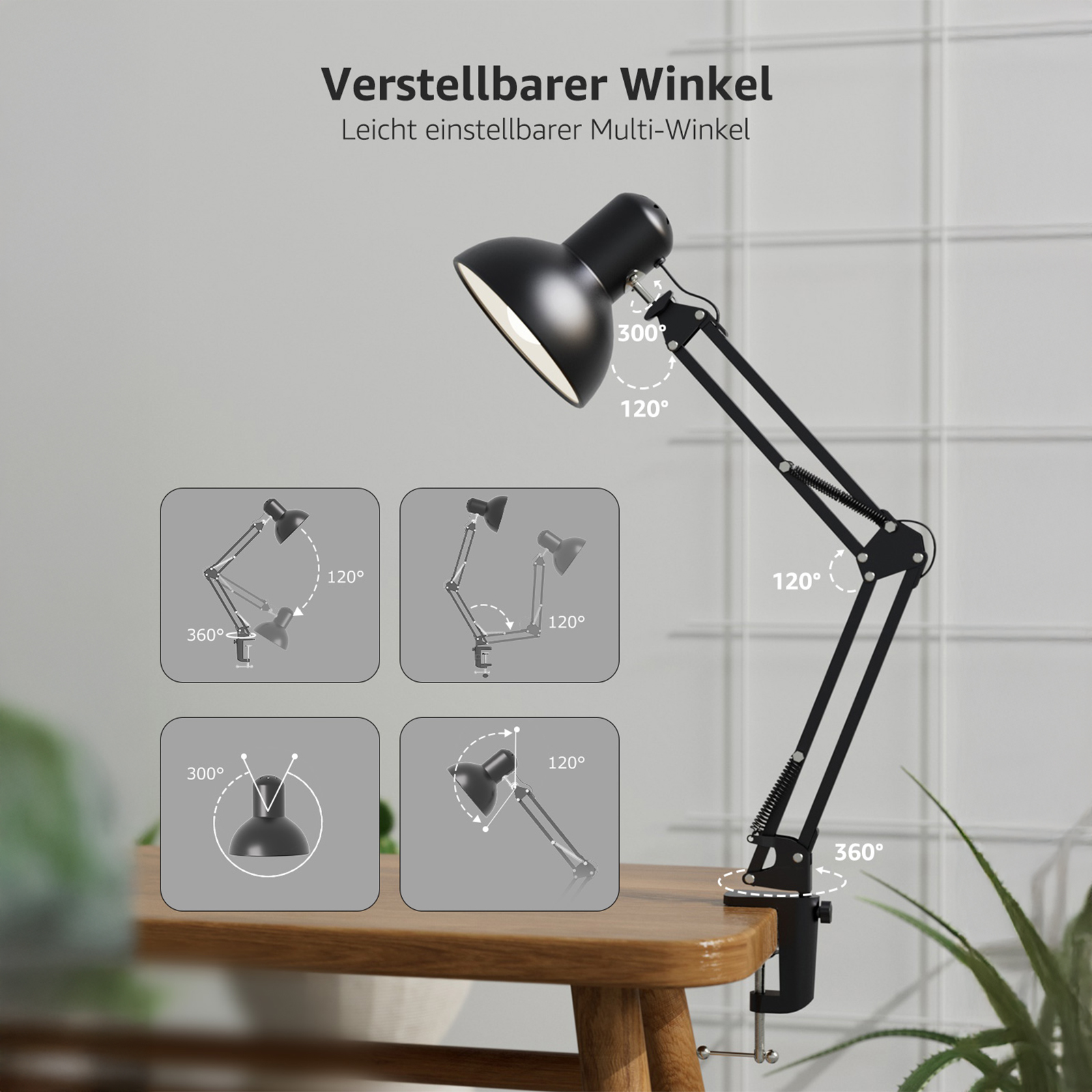 Eine schwarze Schreibtischlampe mit verstellbaren Armen und Kopf, in verschiedenen Positionen gezeigt. Auf einem Holztisch.