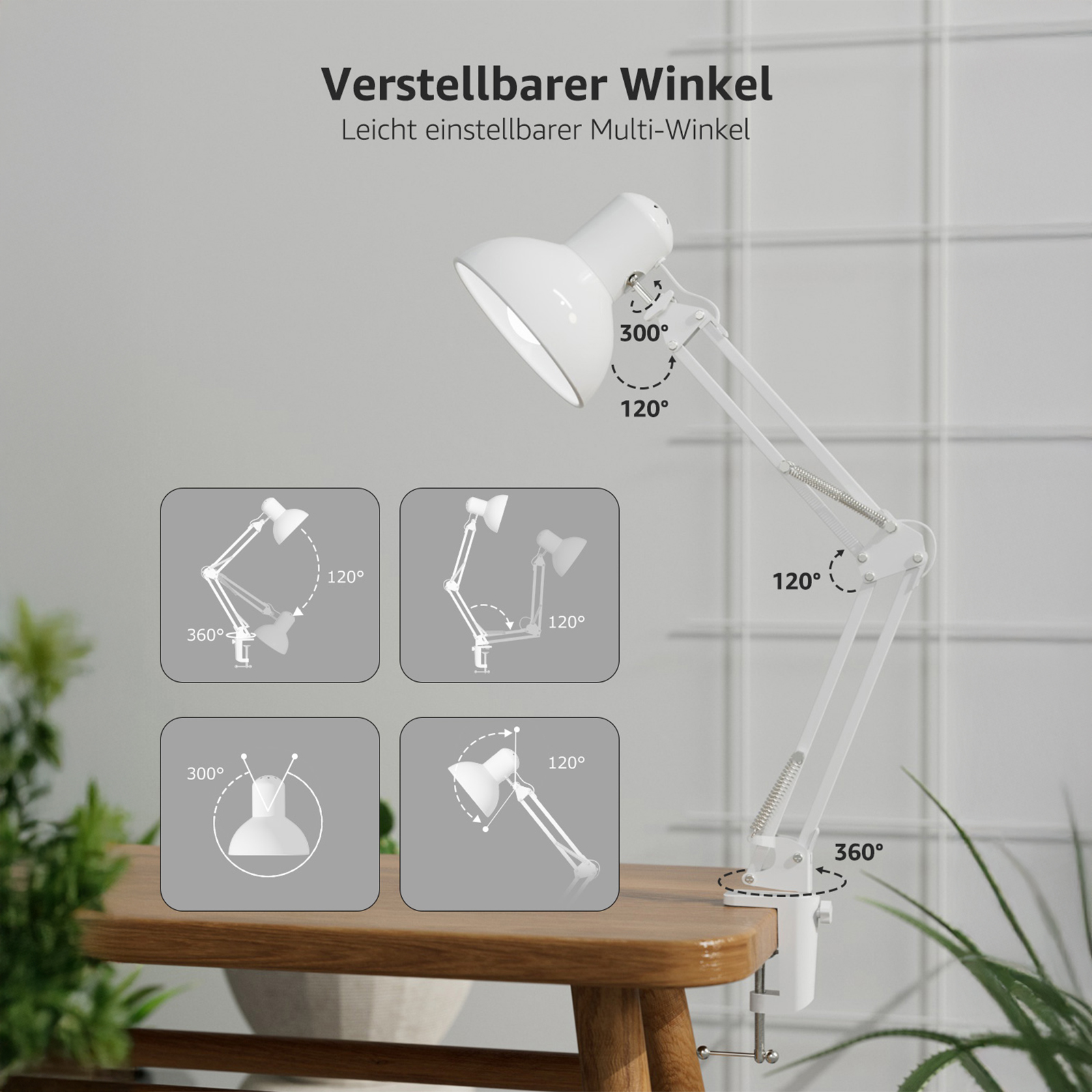 Weiße, verstellbare Schreibtischlampe mit Diagrammen, die verschiedene Winkeleinstellungen zeigen.