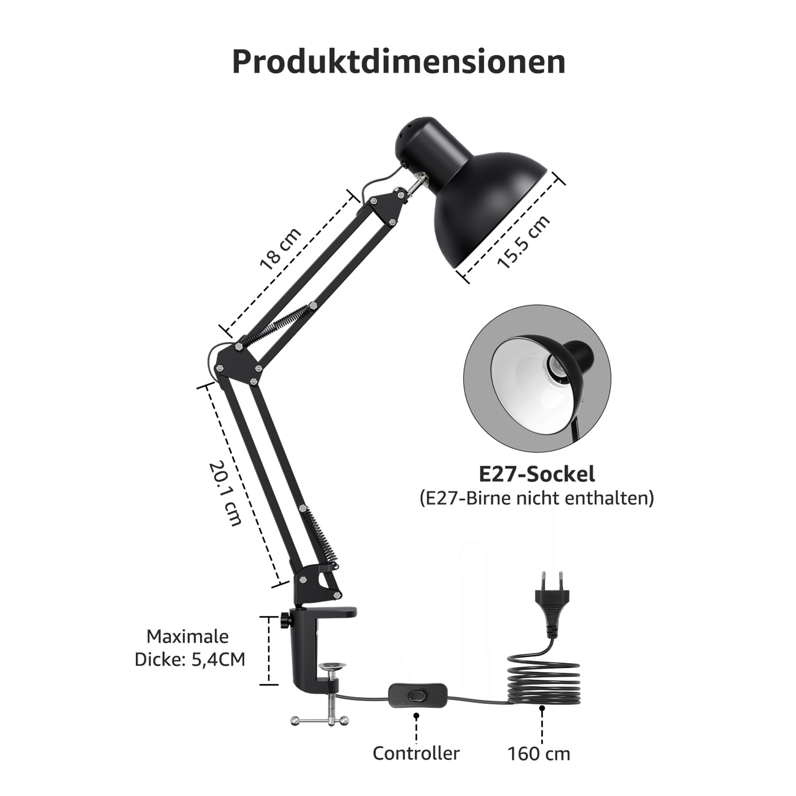 Eine schwarze Schreibtischlampe mit langem Arm. Sie hat eine E27-Fassung und ist 160 cm lang. Messungen gezeigt.