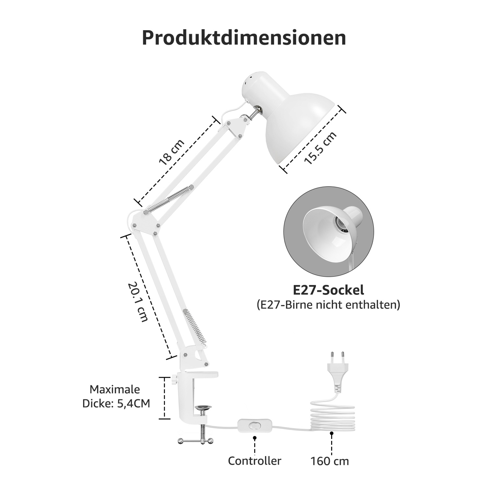 Weiße Schreibtischlampe mit Maßen und Beschriftungen, einschließlich Controller und E27-Sockel-Infos.