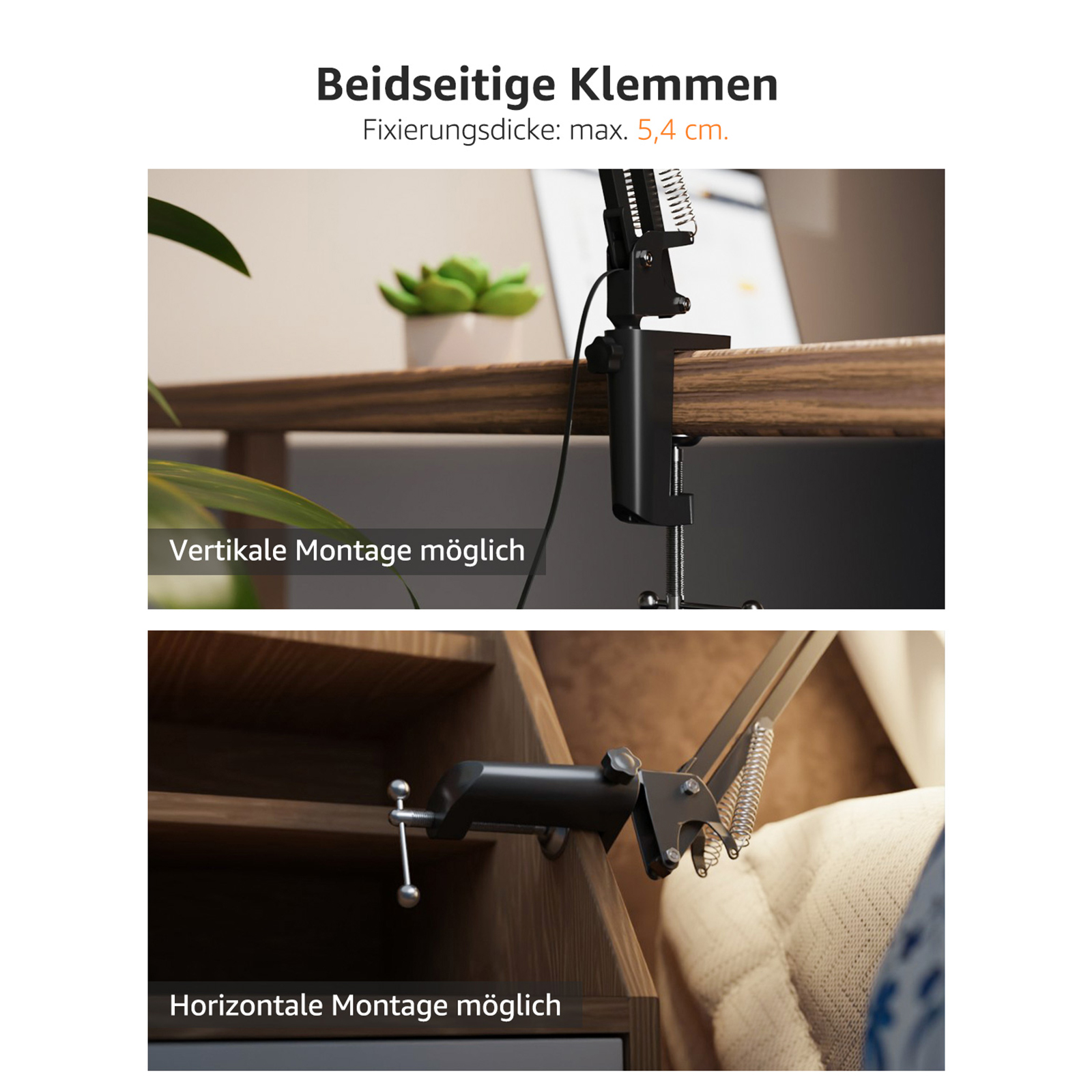 Zwei Bilder einer schwarzen Klemme, auf Holz montiert. Text zeigt vertikale und horizontale Montageoptionen.