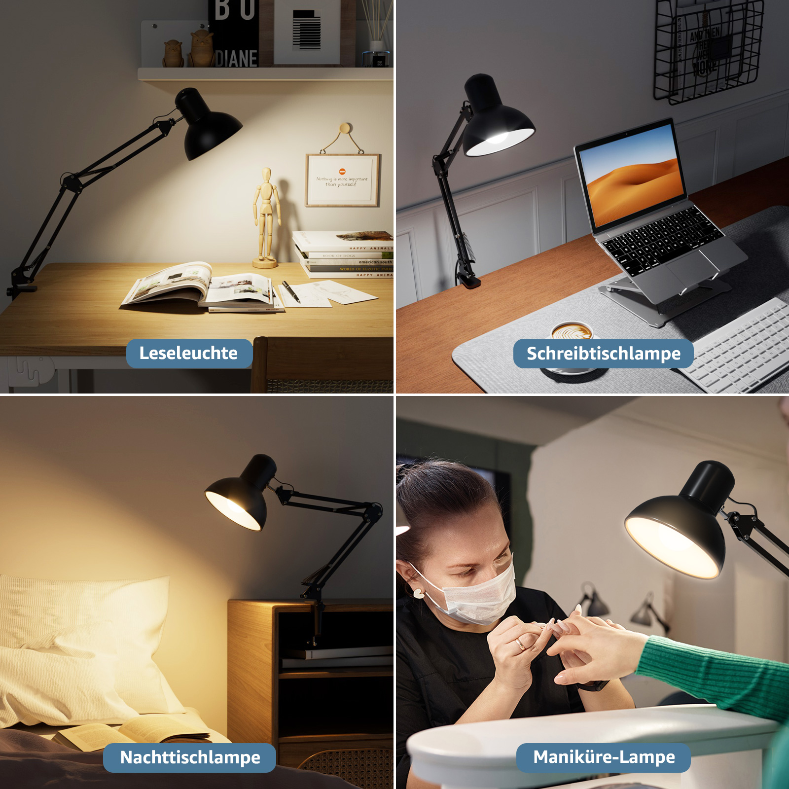 Vier Bilder, die schwarze Schreibtischlampen in verschiedenen Umgebungen zeigen: Lesen, Schreibtisch, Nachttisch und Maniküre.