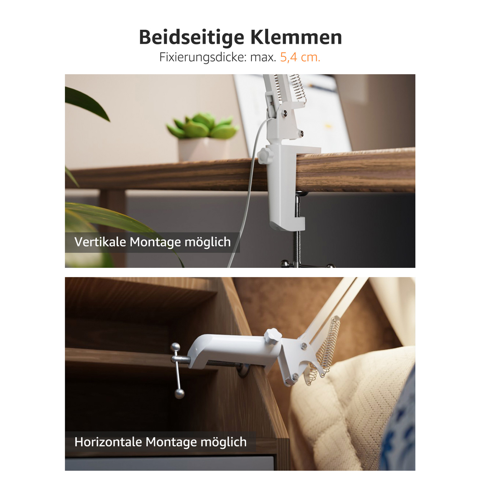Weißer Schreibtischklemmer mit installierter Lampe, zeigt zwei verschiedene Montageoptionen.