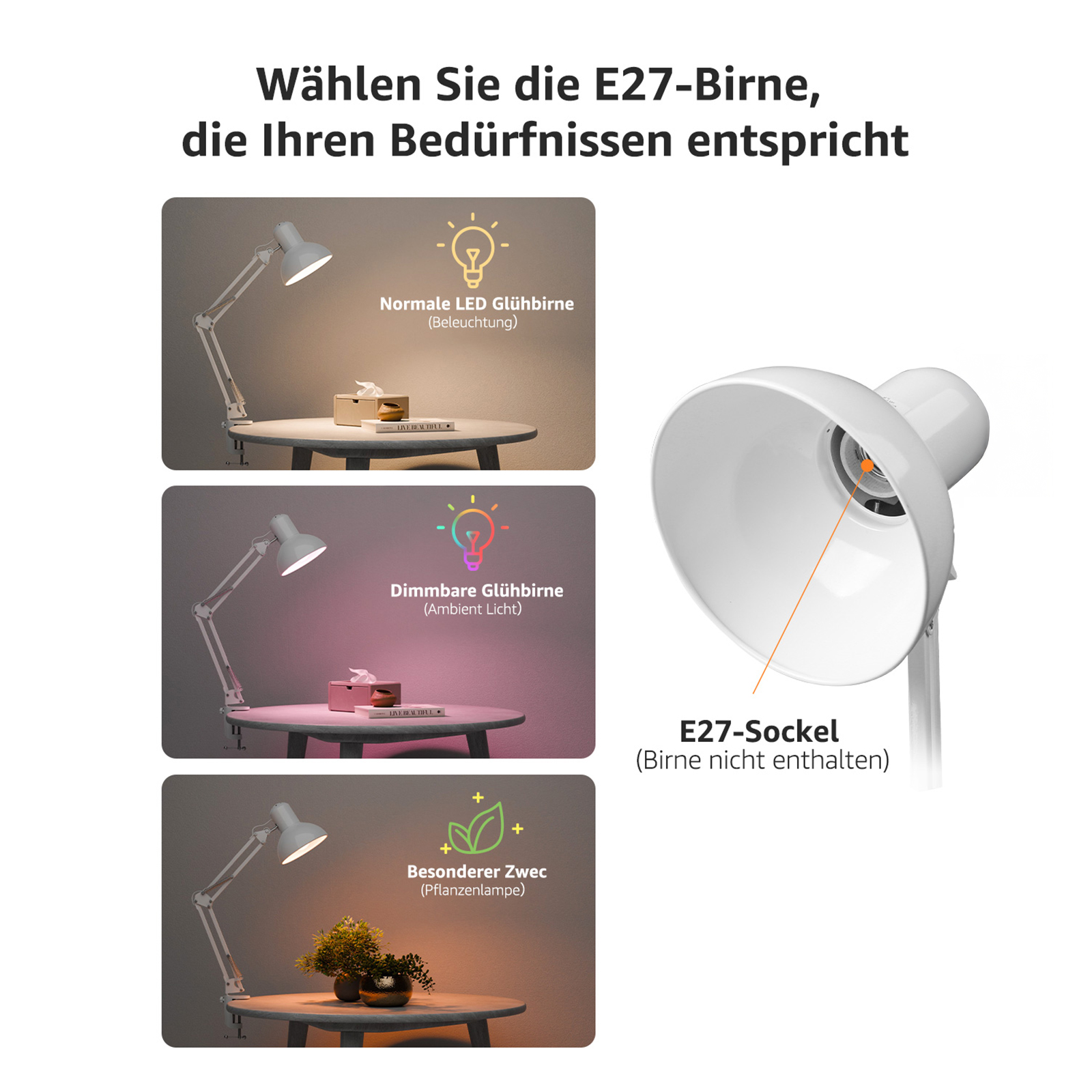 Eine weiße Schreibtischlampe mit drei Optionen: normal, dimmbar und Pflanzenlicht, auf einem Tisch gezeigt.