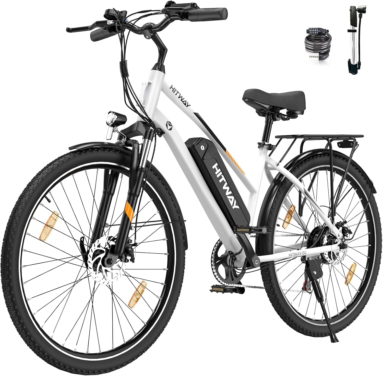Witte en zwarte elektrische fiets met accessoires. Fiets heeft 'HITWAY' op het frame, met een lamp.