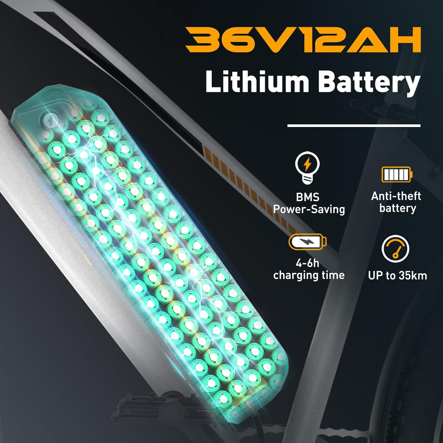 Bateria litowa z informacjami o czasie ładowania i zabezpieczeniach antykradzieżowych, zamontowana na rowerze.