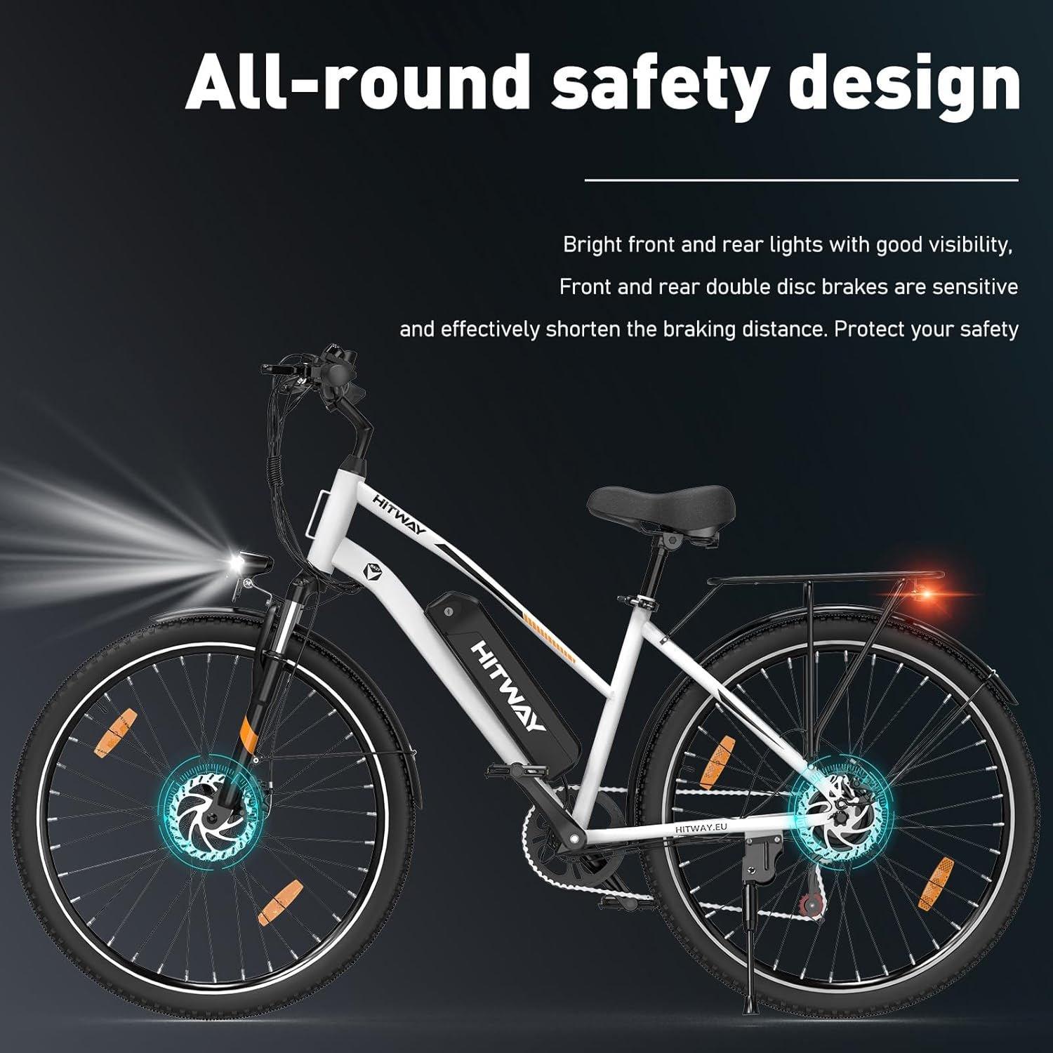 Biało-czarny rower elektryczny z tekstem. Ma światła, hamulce tarczowe i akumulator.