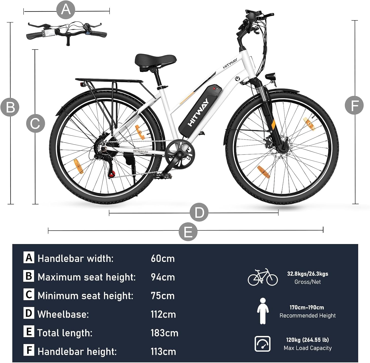 Biało-czarny rower elektryczny ze szczegółowymi wymiarami i informacjami.