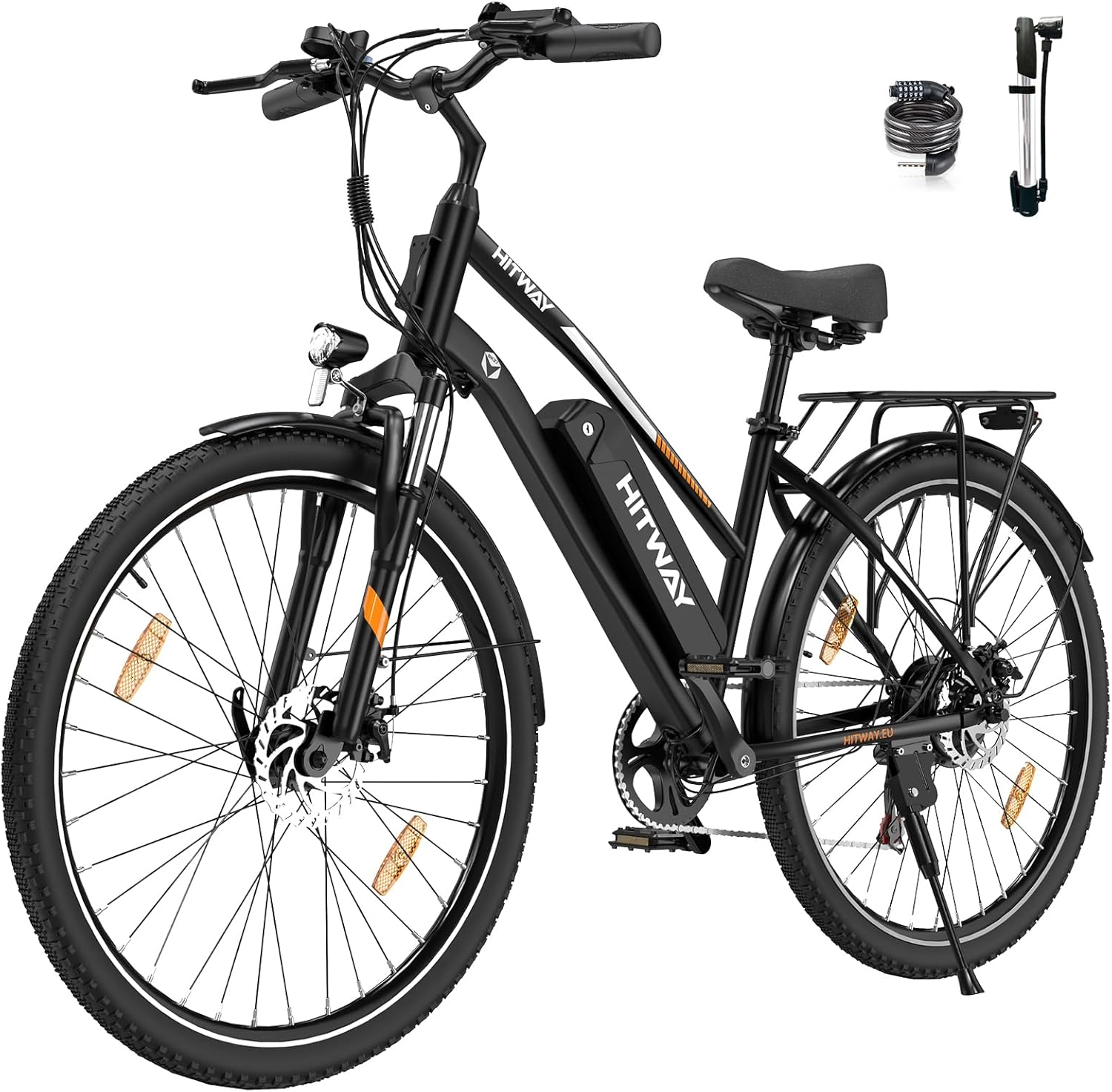 Zwarte HITWAY elektrische fiets, met accessoires. Het heeft zwarte banden en een achterdrager.