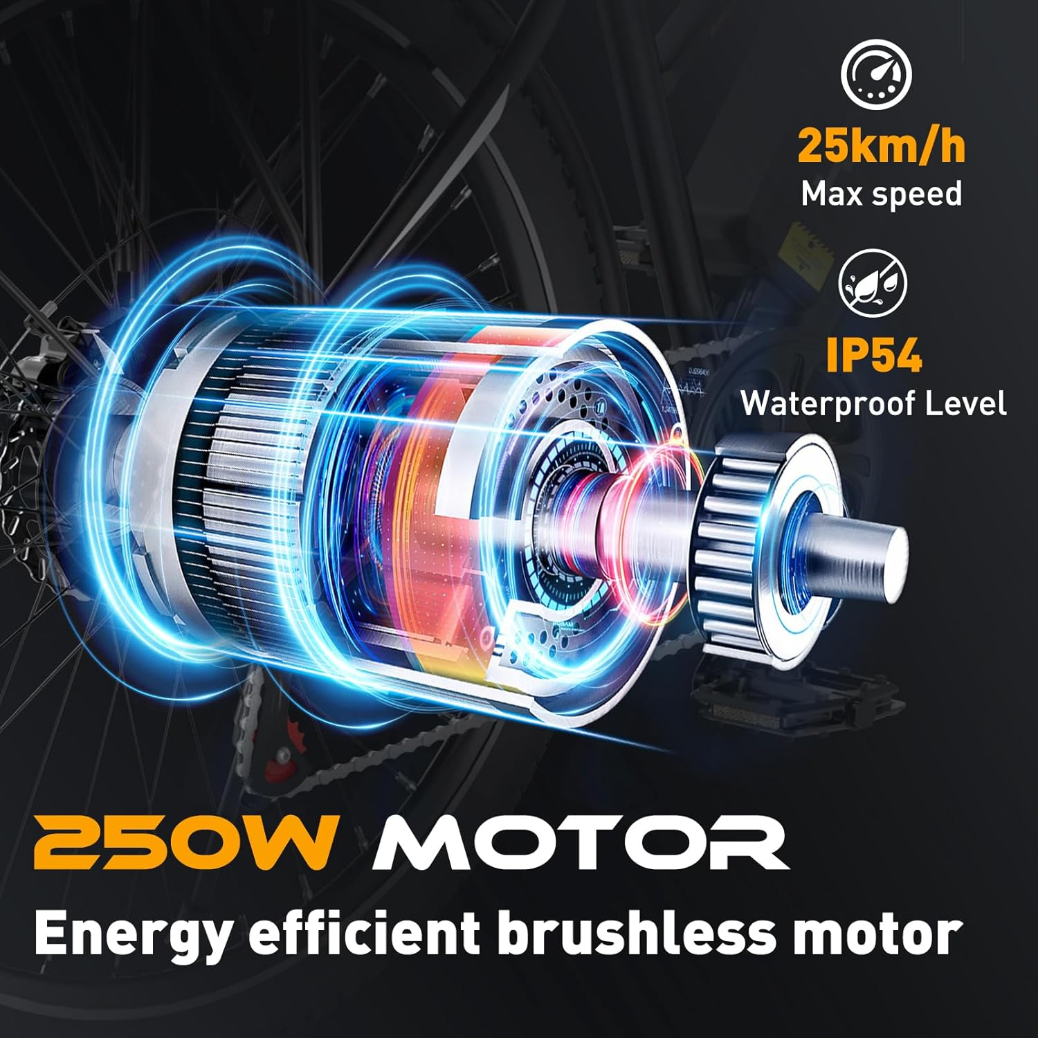 Zbliżenie silnika 250W, z informacjami o prędkości i poziomie wodoodporności.