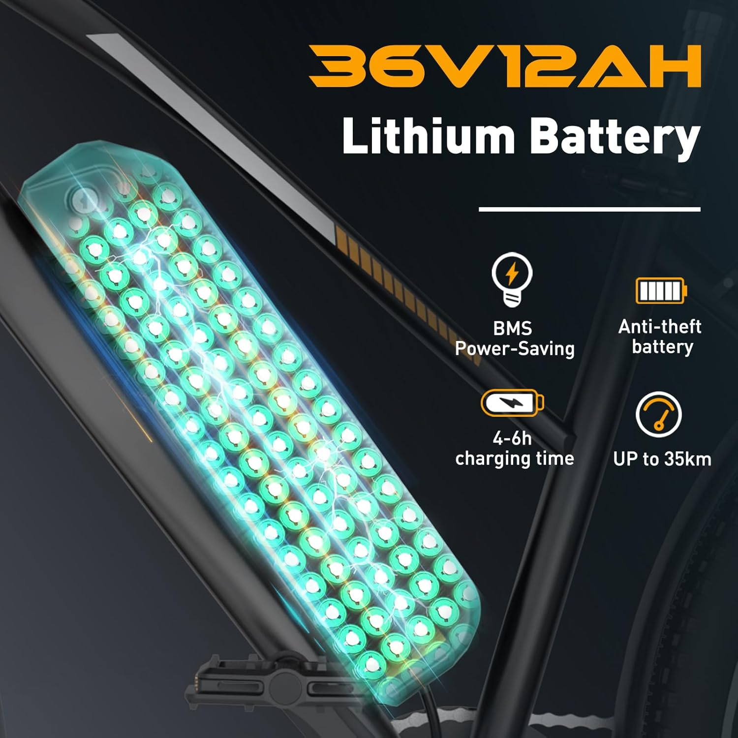 Bateria litowa 36V12AH, z czasem ładowania i szczegółami antykradzieżowymi.