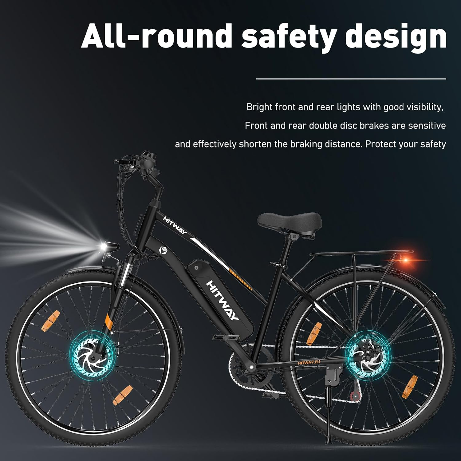 Czarny rower elektryczny z funkcjami bezpieczeństwa i jasnym przednim światłem na ciemnym tle.