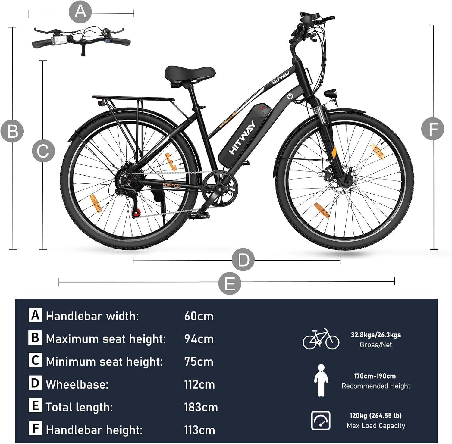 Czarny rower elektryczny z czarnym siedzeniem. Obraz ma wymiary i inne informacje o rowerze.