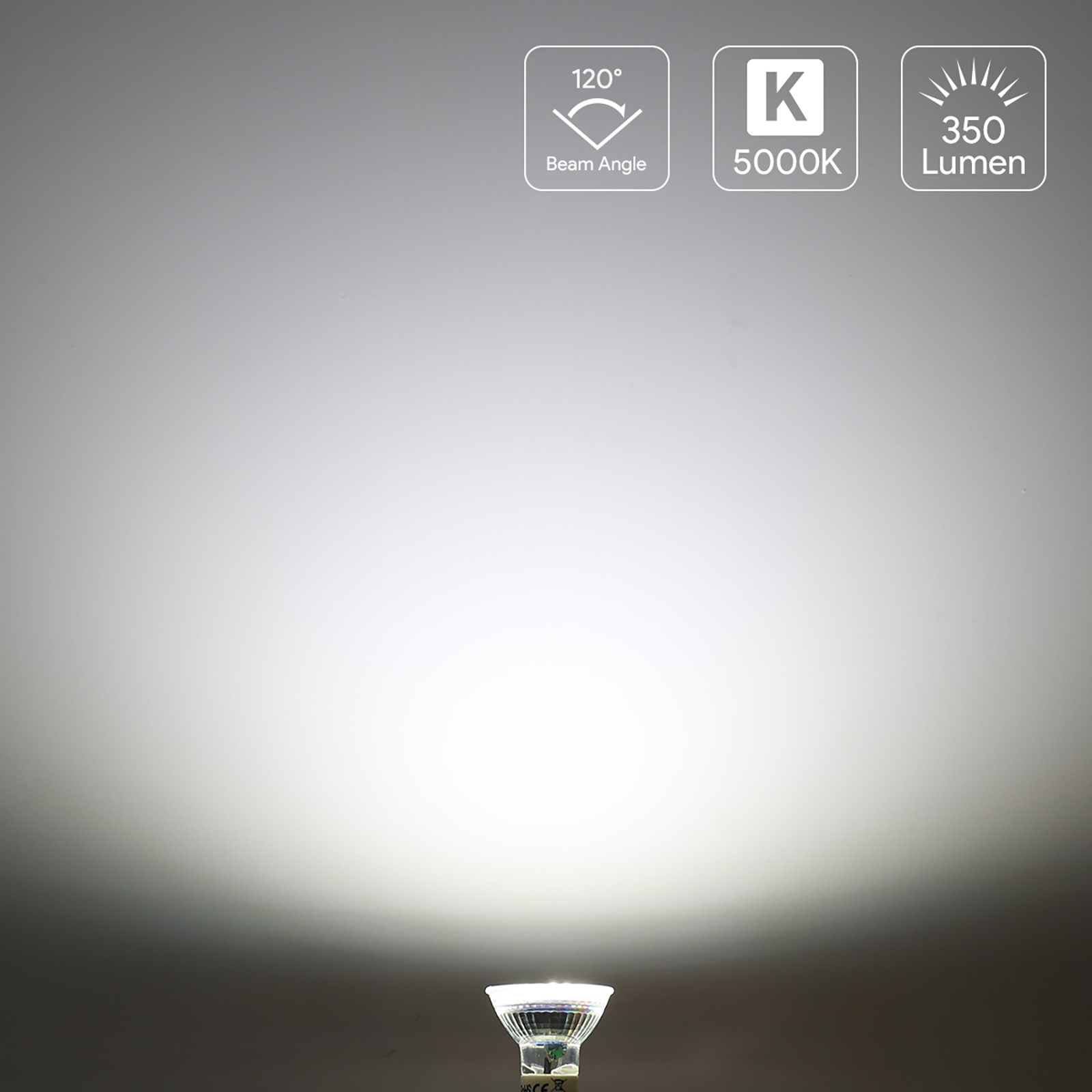 Spotlight-Lichtstrahl, zeigt Glühbirne, mit Text zu Abstrahlwinkel und Lumen.