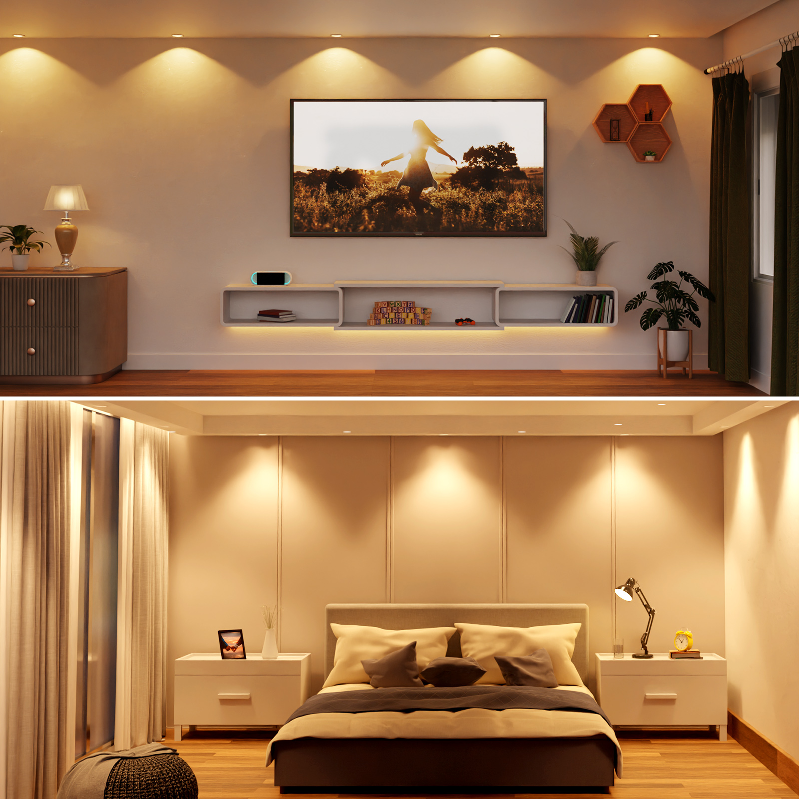 Zwei Innenaufnahmen: Wohnzimmer mit TV und Schlafzimmer. Beide Szenen warm beleuchtet.