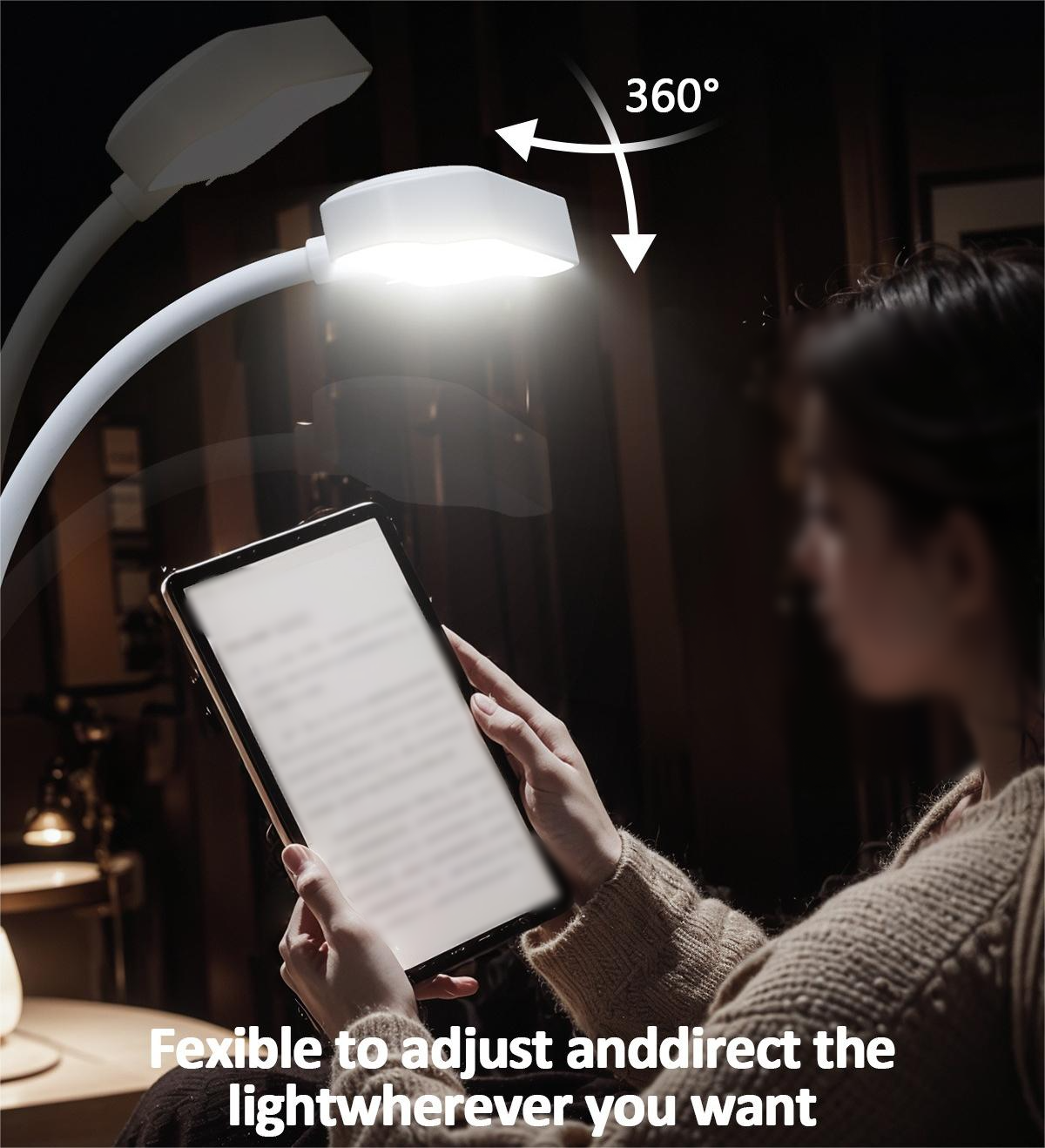 Eine Frau hält ein Tablet unter einer Lampe, das Licht zeigt auf das Tablet. Text sagt: '360°'.