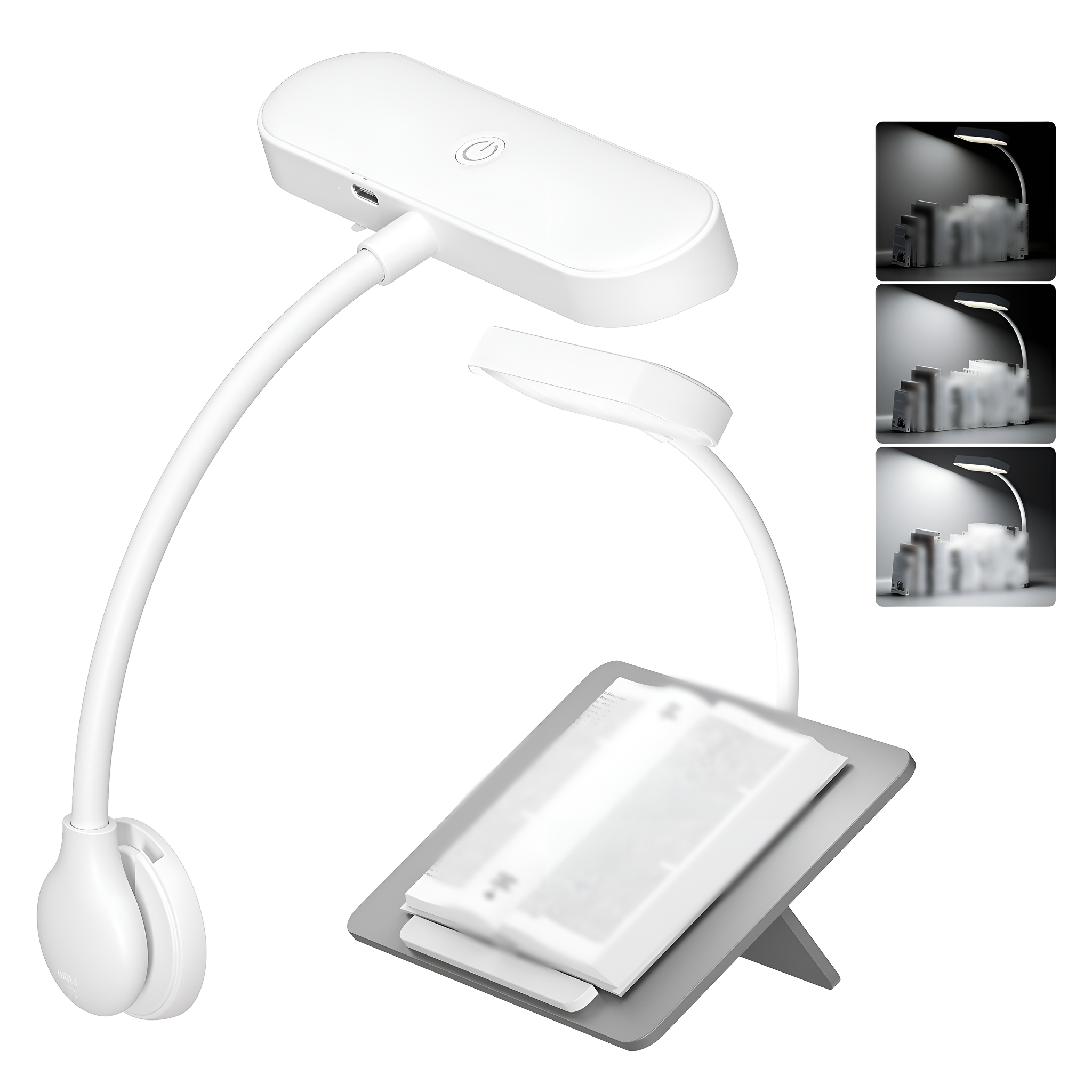 Eine weiße Schreibtischlampe mit flexiblem Hals und Buchständer. Bietet verschiedene Lichteinstellungen.