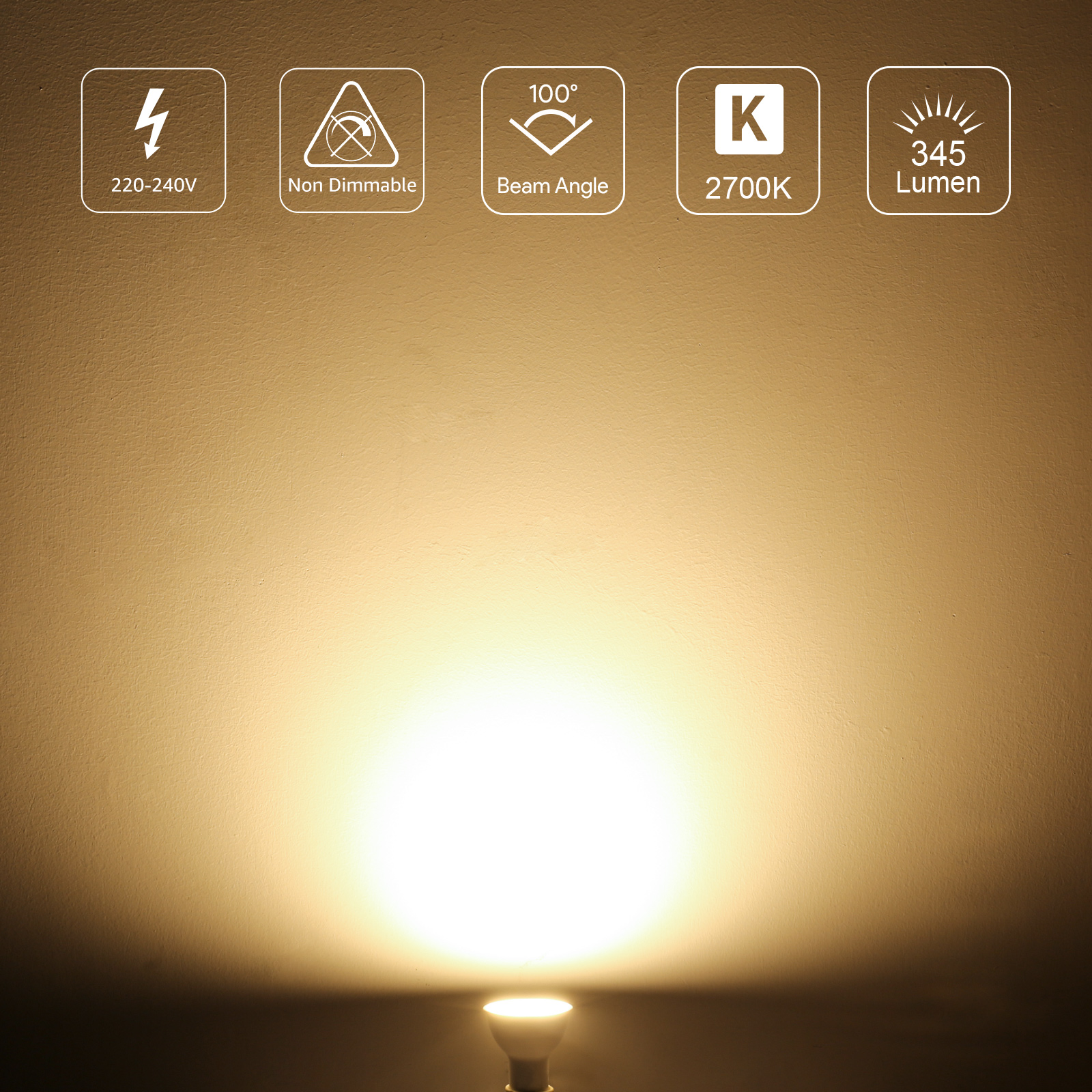Nahaufnahme einer LED-Glühbirne mit Funktionssymbolen, die einen schlichten Hintergrund beleuchtet.