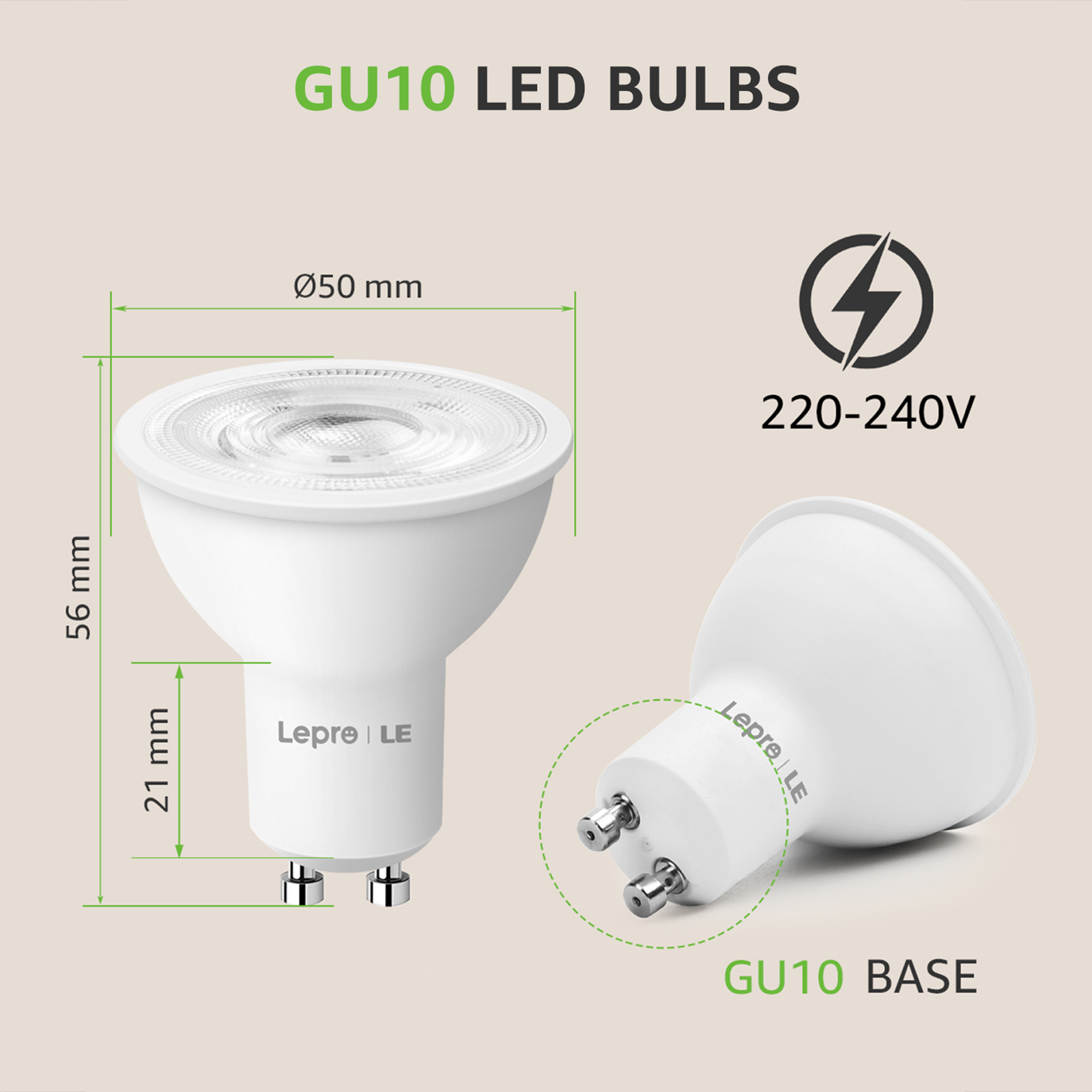 Zwei weiße GU10-LED-Lampen, eine mit Abmessungen und eine GU10-Sockelansicht.