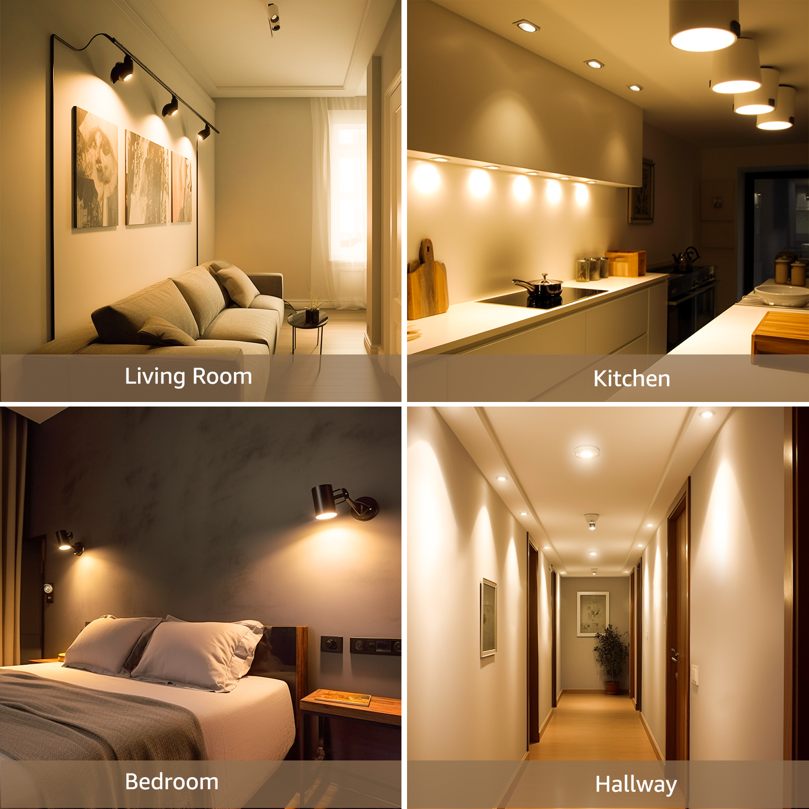 Vier Bilder von Räumen mit unterschiedlicher Beleuchtung: Wohnzimmer, Küche, Schlafzimmer und Flur.