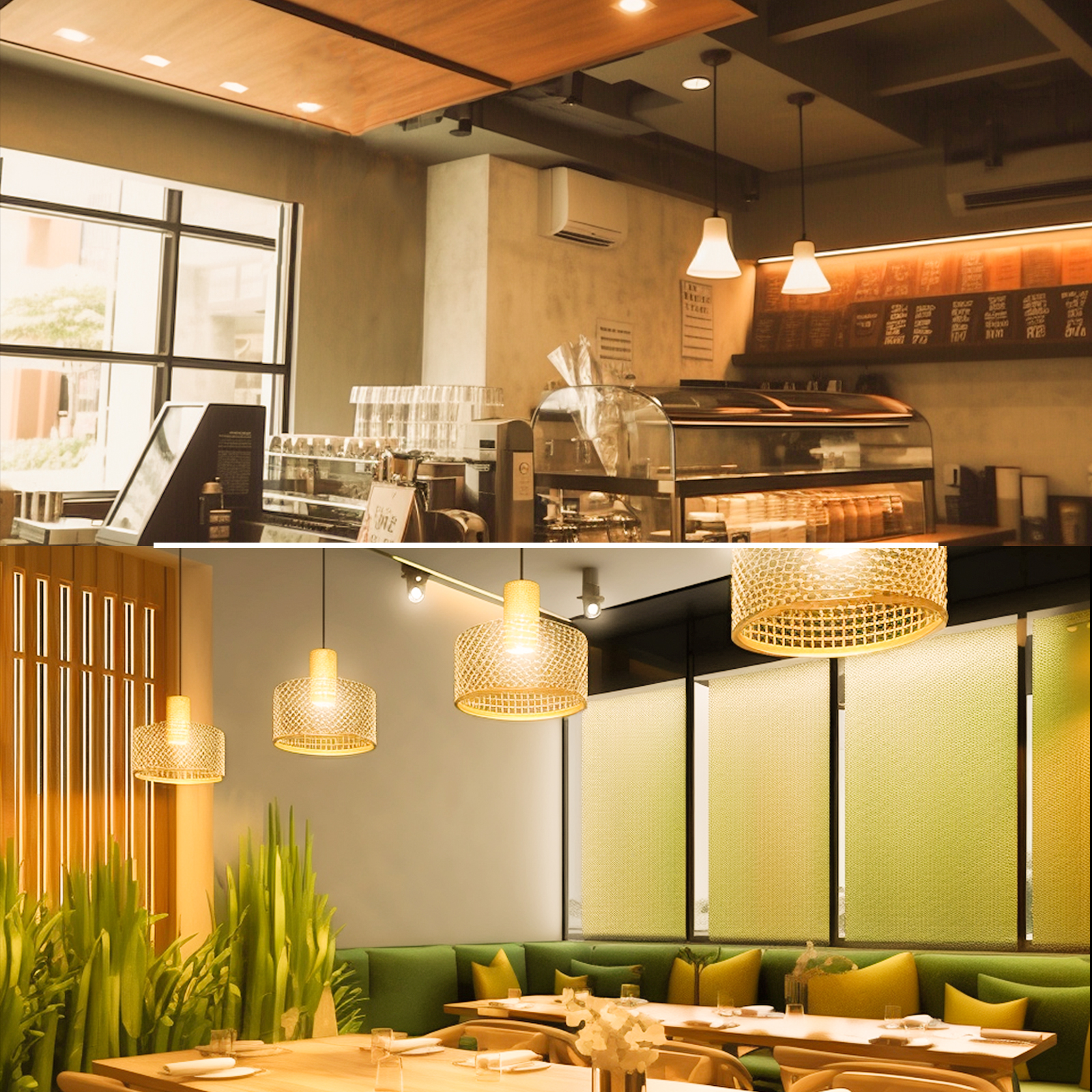 Restaurantinterieur mit Tischen, Stühlen und Hängelampen. Draufsicht mit mehreren Abschnitten.