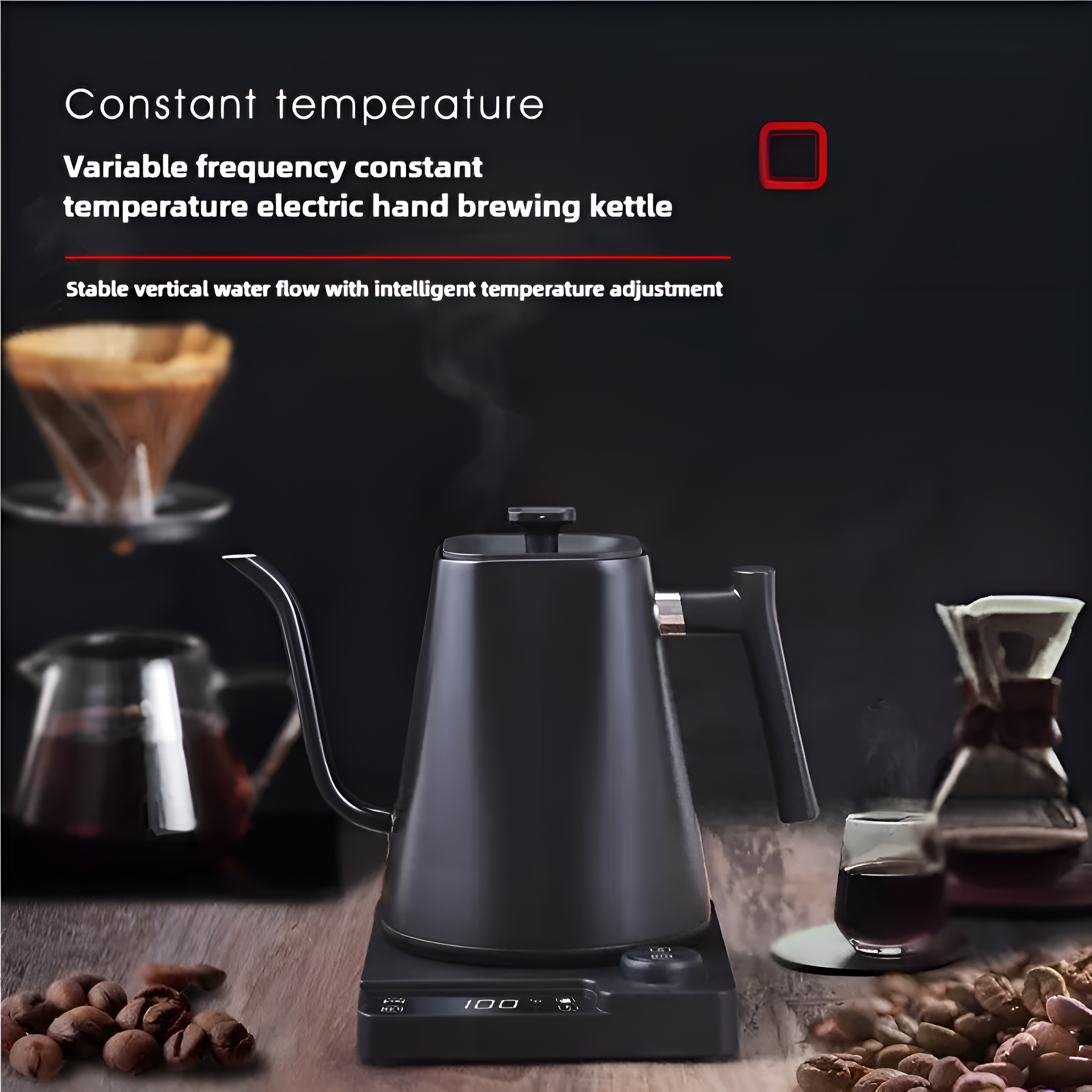 Schwarzer Wasserkocher auf schwarzer Basis, mit einer Glaskaffeemaschine und Kaffeebohnen auf Holzoberfläche.