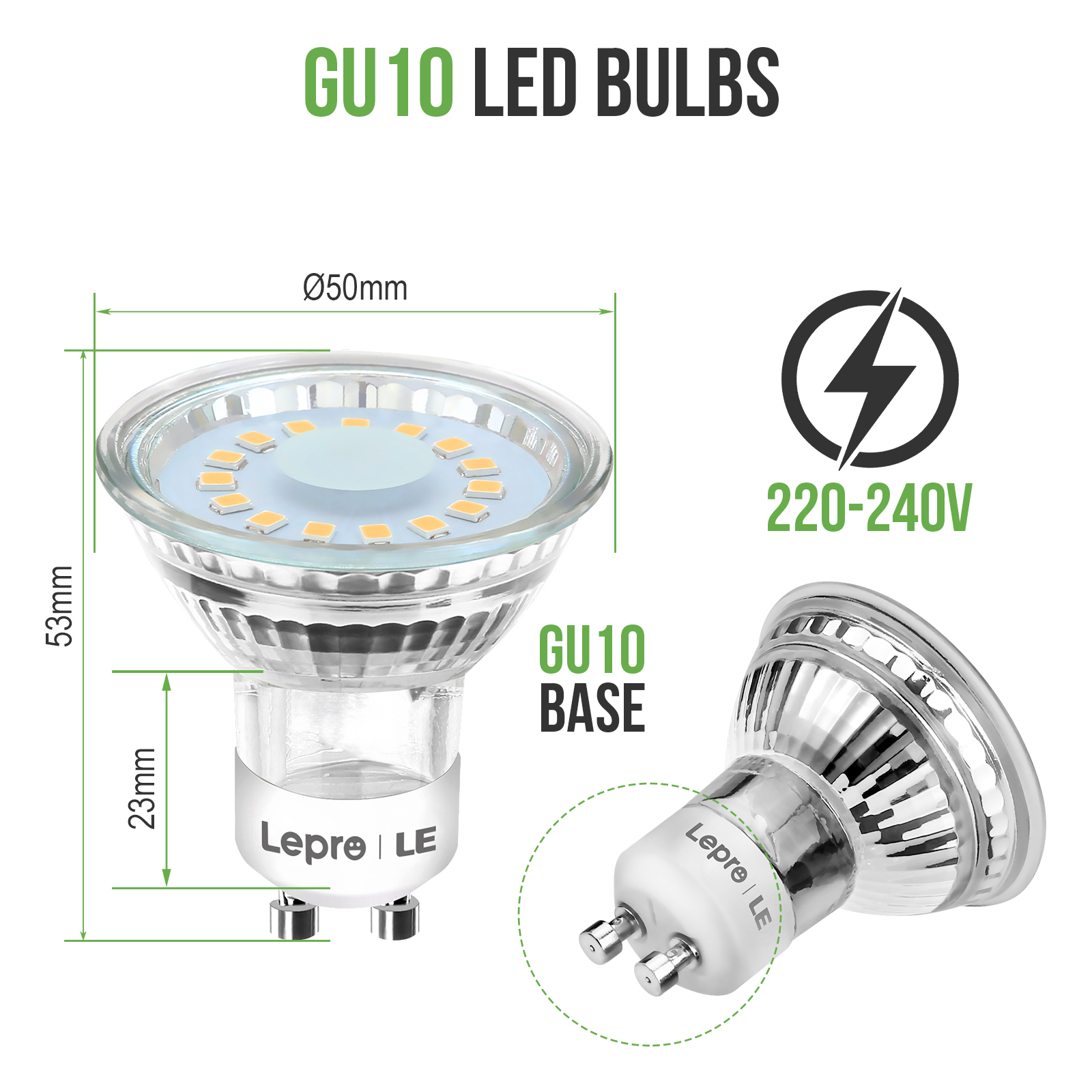 Zwei GU10-LED-Lampen. Eine mit Abmessungen und die andere mit GU10-Sockel und 220-240V-Etikett.