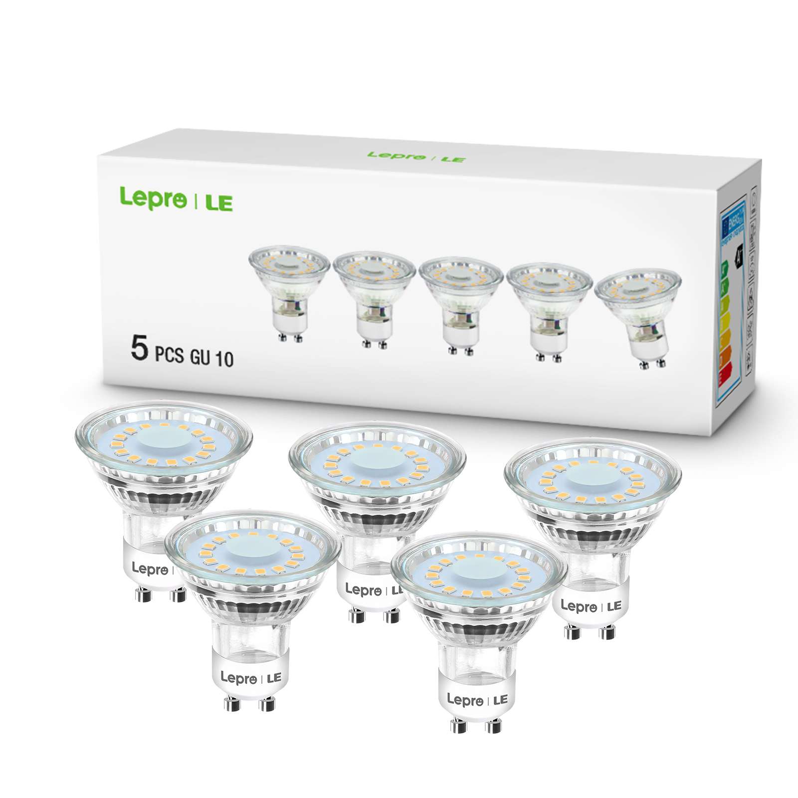 Fünf LED-Glühbirnen in einer Schachtel, auf weißer Oberfläche.