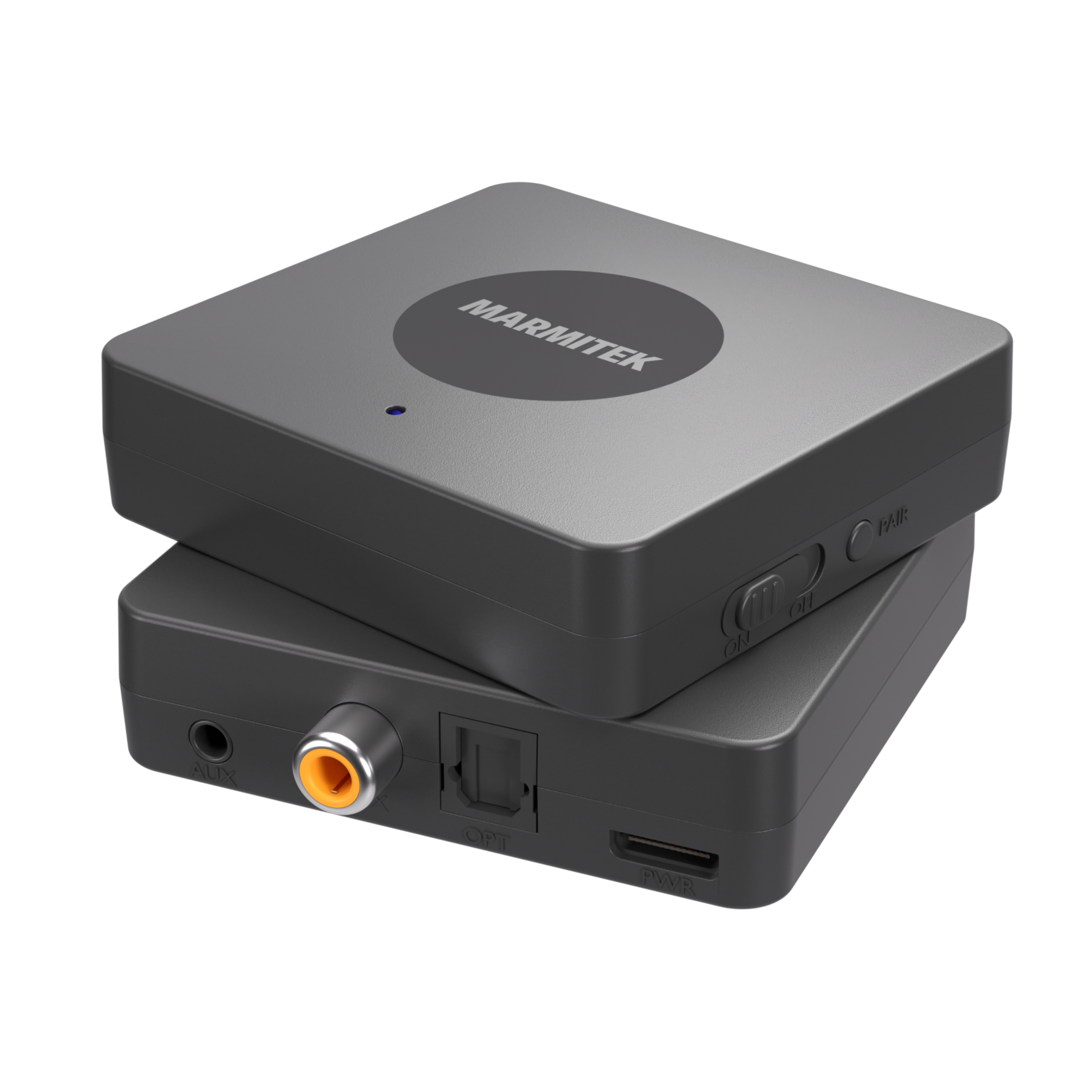 Due unità nere trasmettitore/ricevitore audio con varie porte e pulsanti.