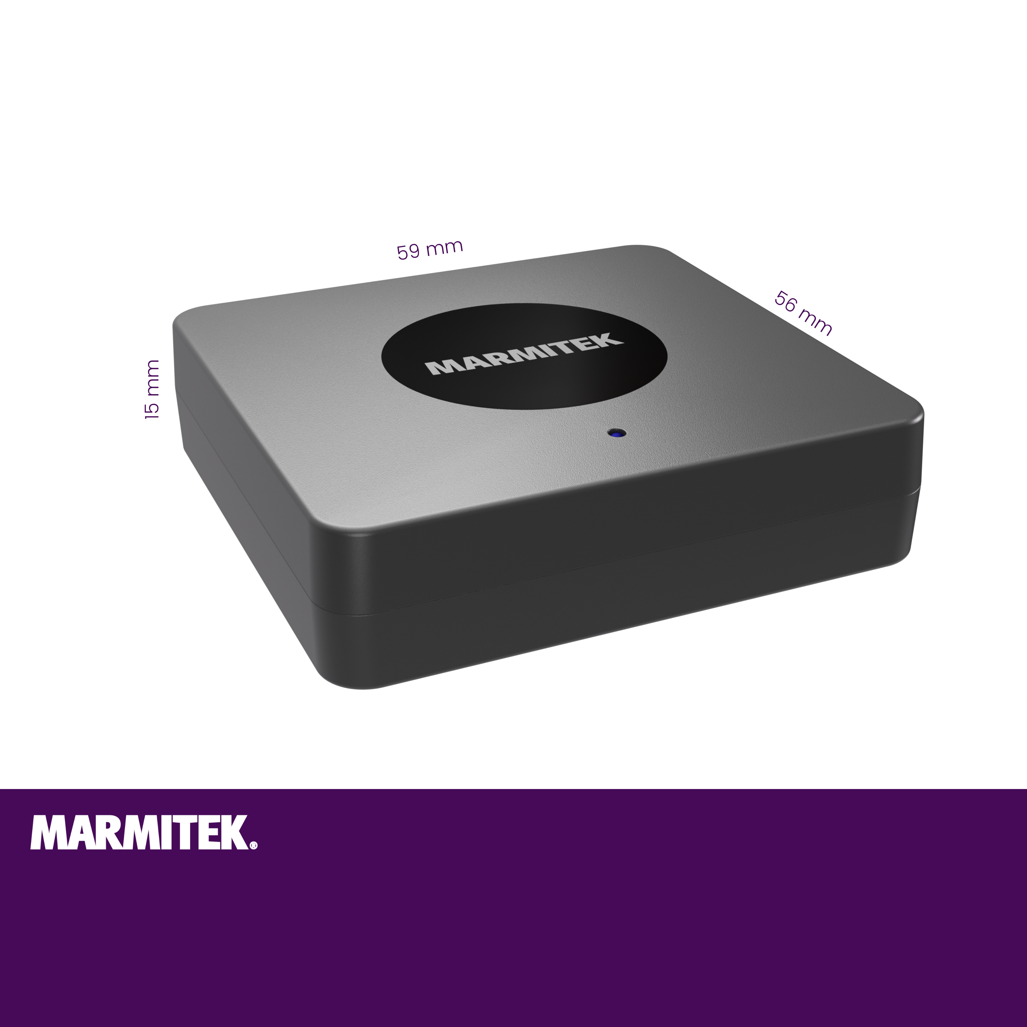 Un dispositivo Marmitek grigio su una superficie bianca, che mostra le dimensioni e un logo.