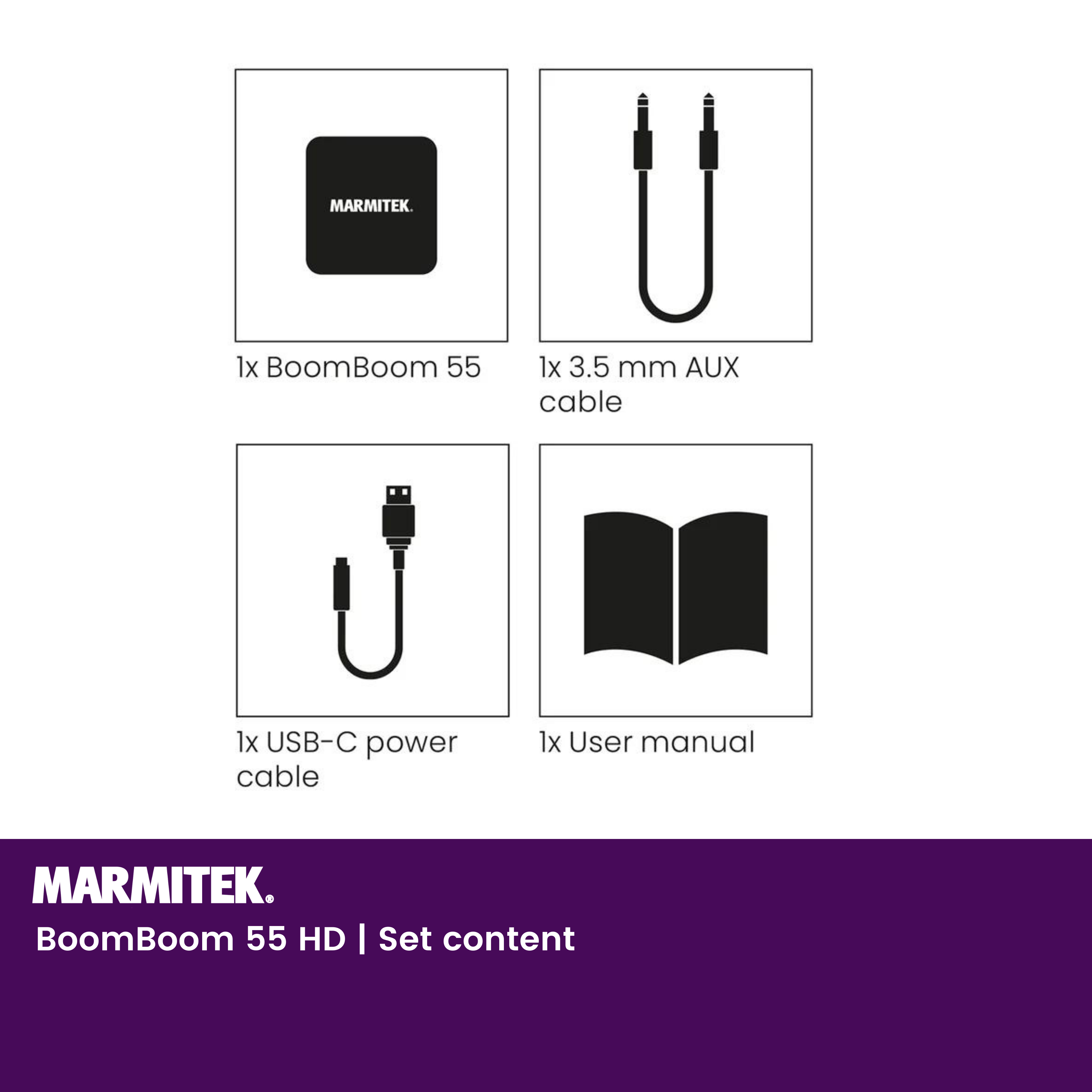 Quattro scatole di prodotti con il nome e la descrizione del prodotto, il cavo di alimentazione USB-C e un manuale utente.